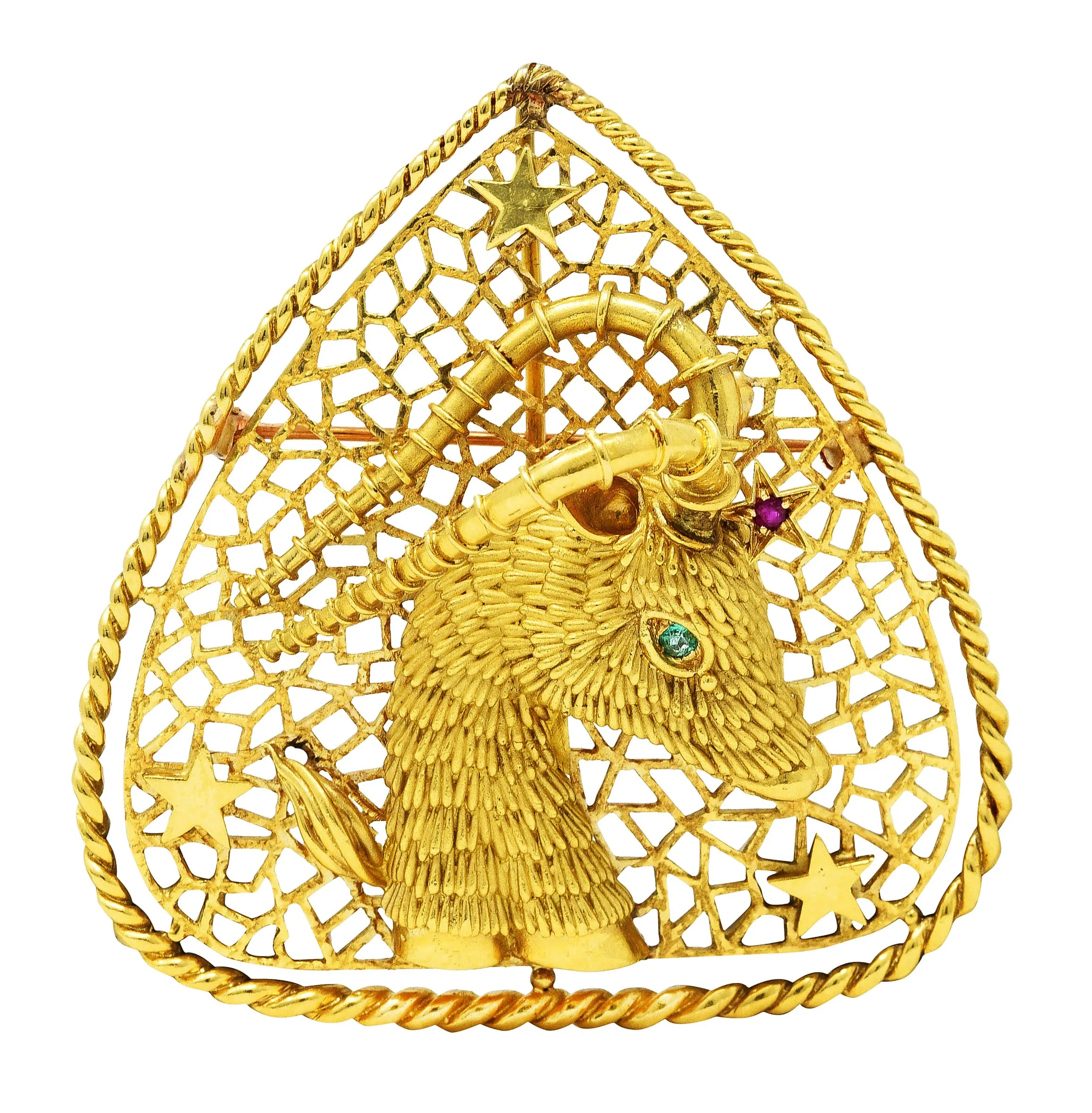 Ram Star Zodiac Pendant Brooch in 18 Karat Gold with Ruby Emerald from the 1970's