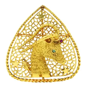 Ram Star Zodiac Pendant Brooch in 18 Karat Gold with Ruby Emerald from the 1970's