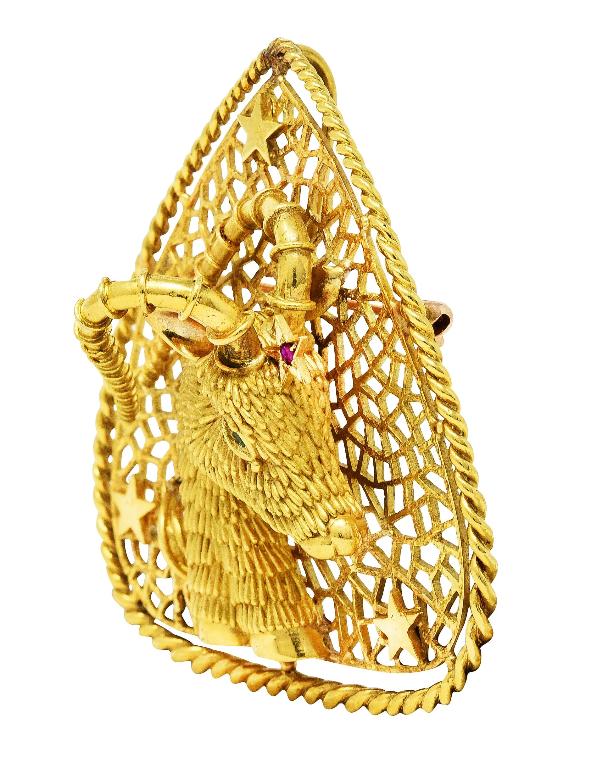 Ram Star Zodiac Pendant Brooch in 18 Karat Gold with Ruby Emerald from the 1970's