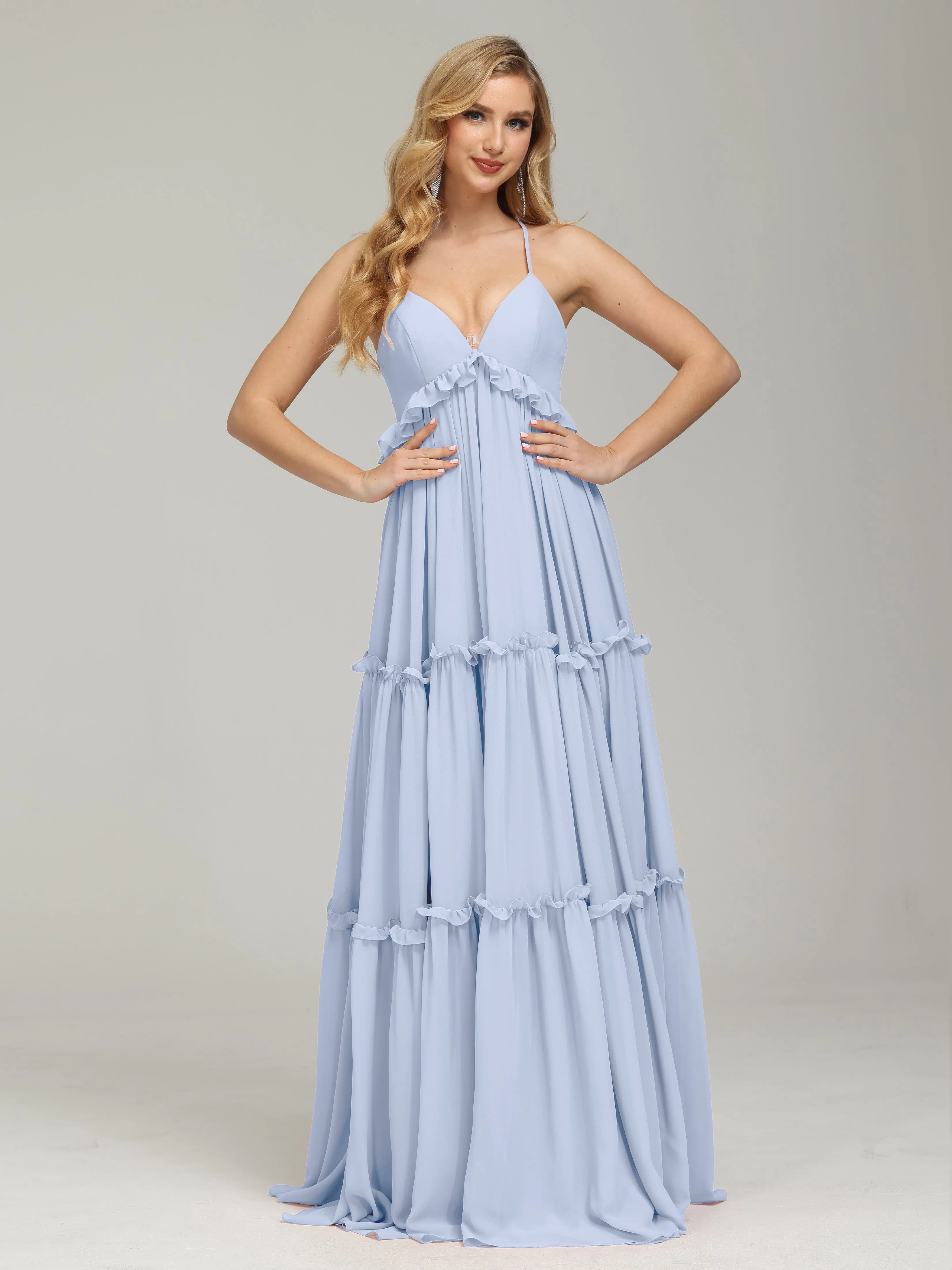 Amanda V-Neck Trapeze Crisscross Chiffon Evening Gowns