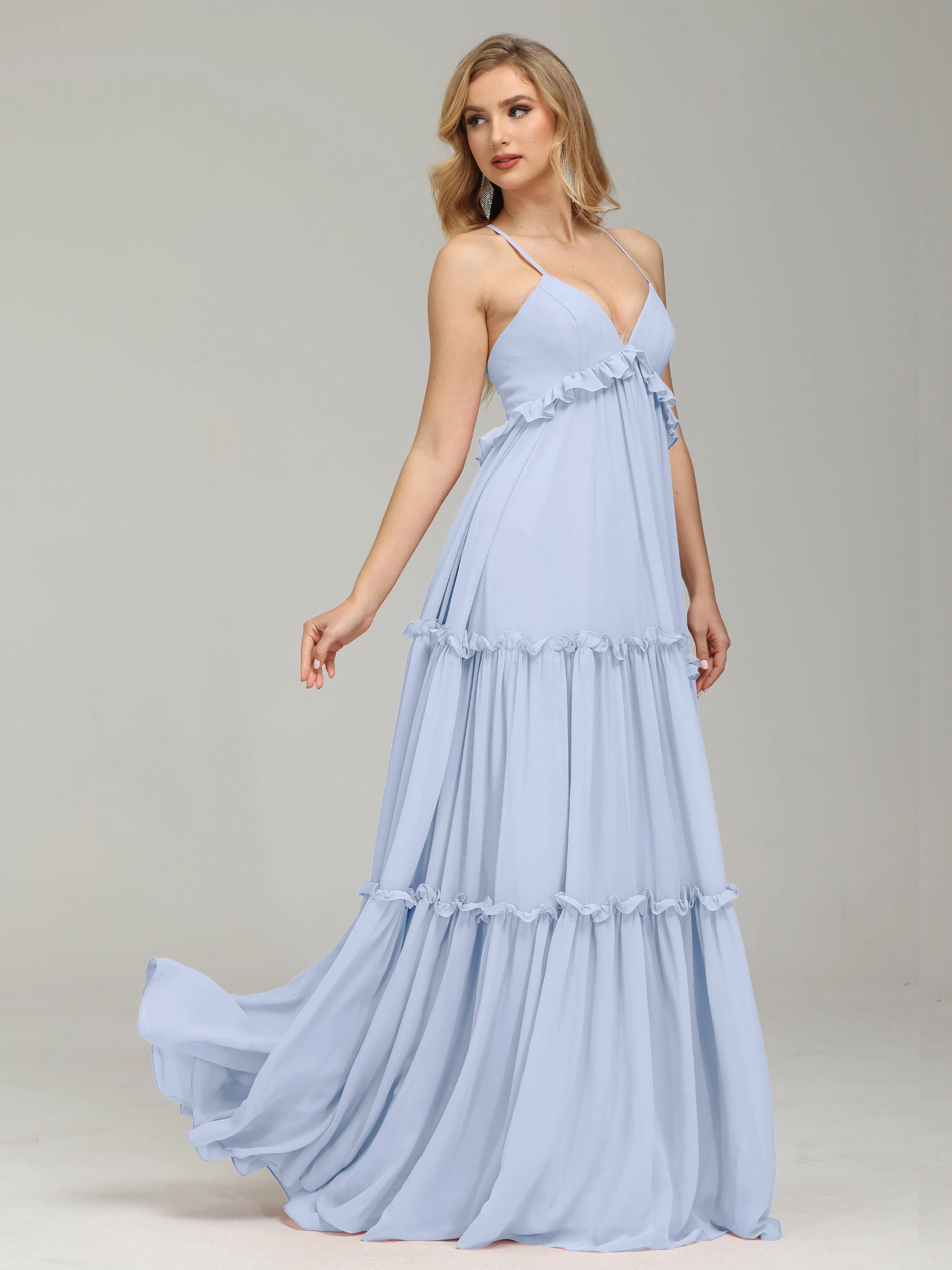 Amanda V-Neck Trapeze Crisscross Chiffon Evening Gowns