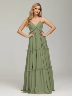 Amanda V-Neck Trapeze Crisscross Chiffon Evening Gowns