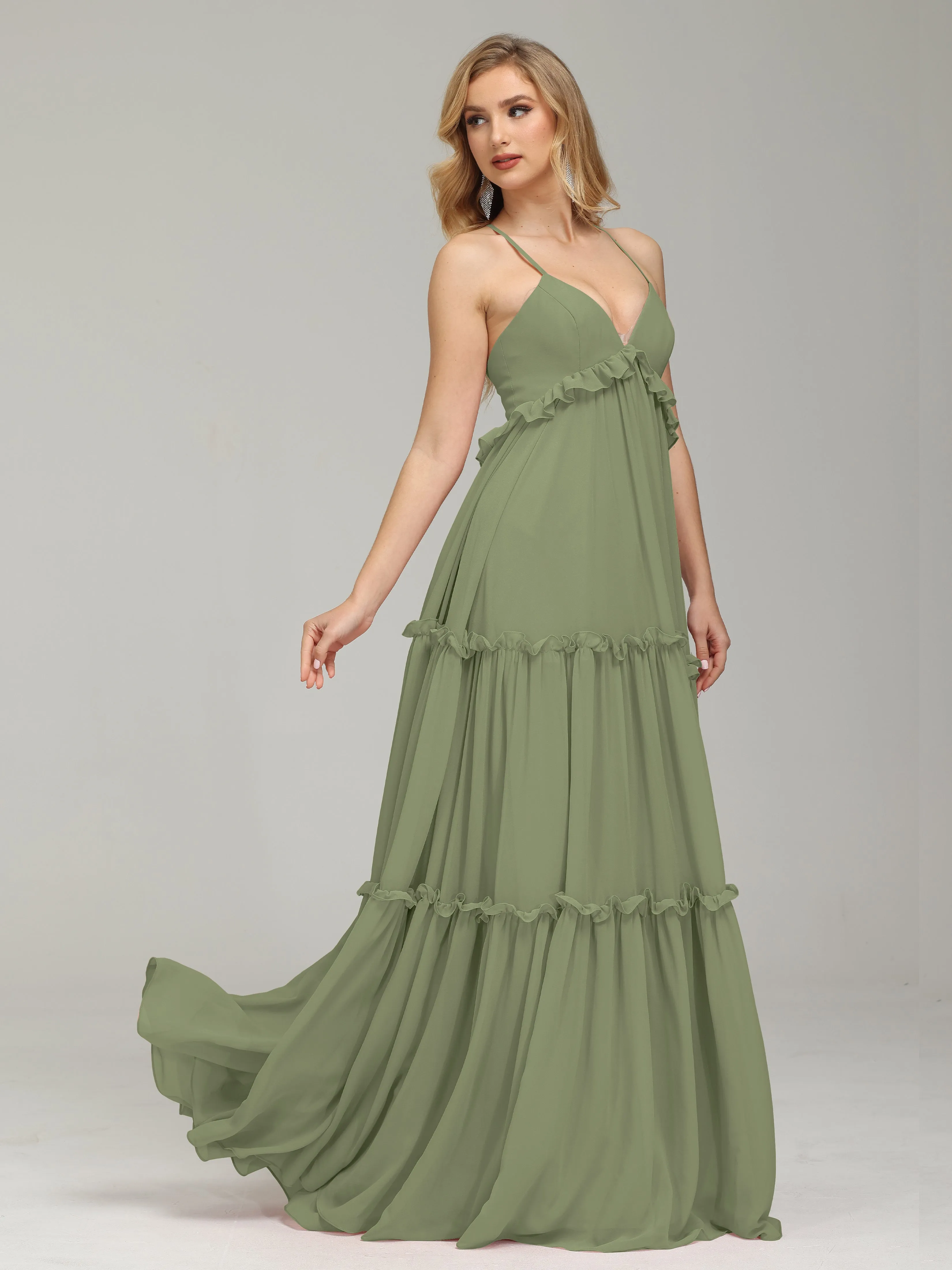 Amanda V-Neck Trapeze Crisscross Chiffon Evening Gowns