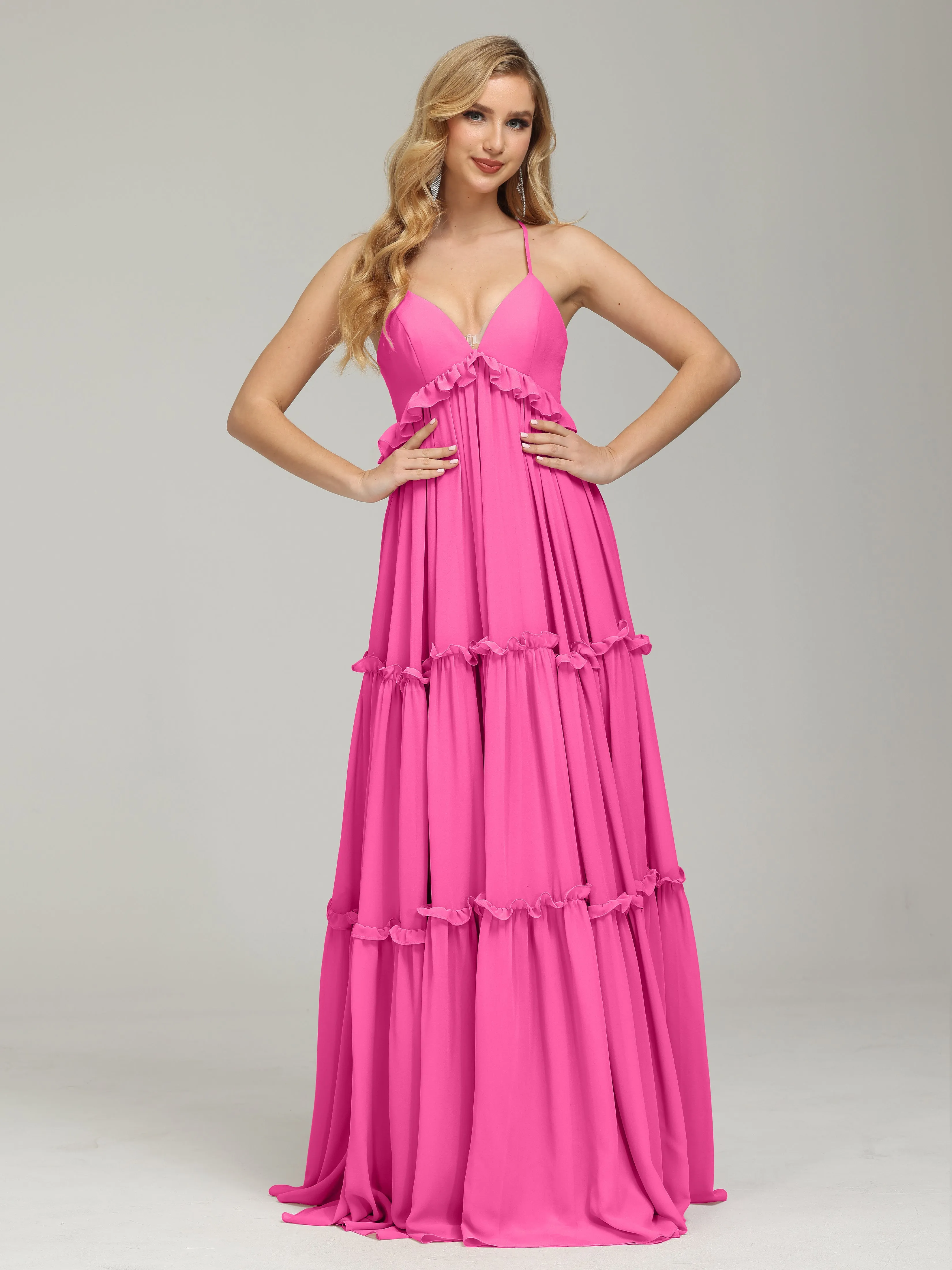 Amanda V-Neck Trapeze Crisscross Chiffon Evening Gowns