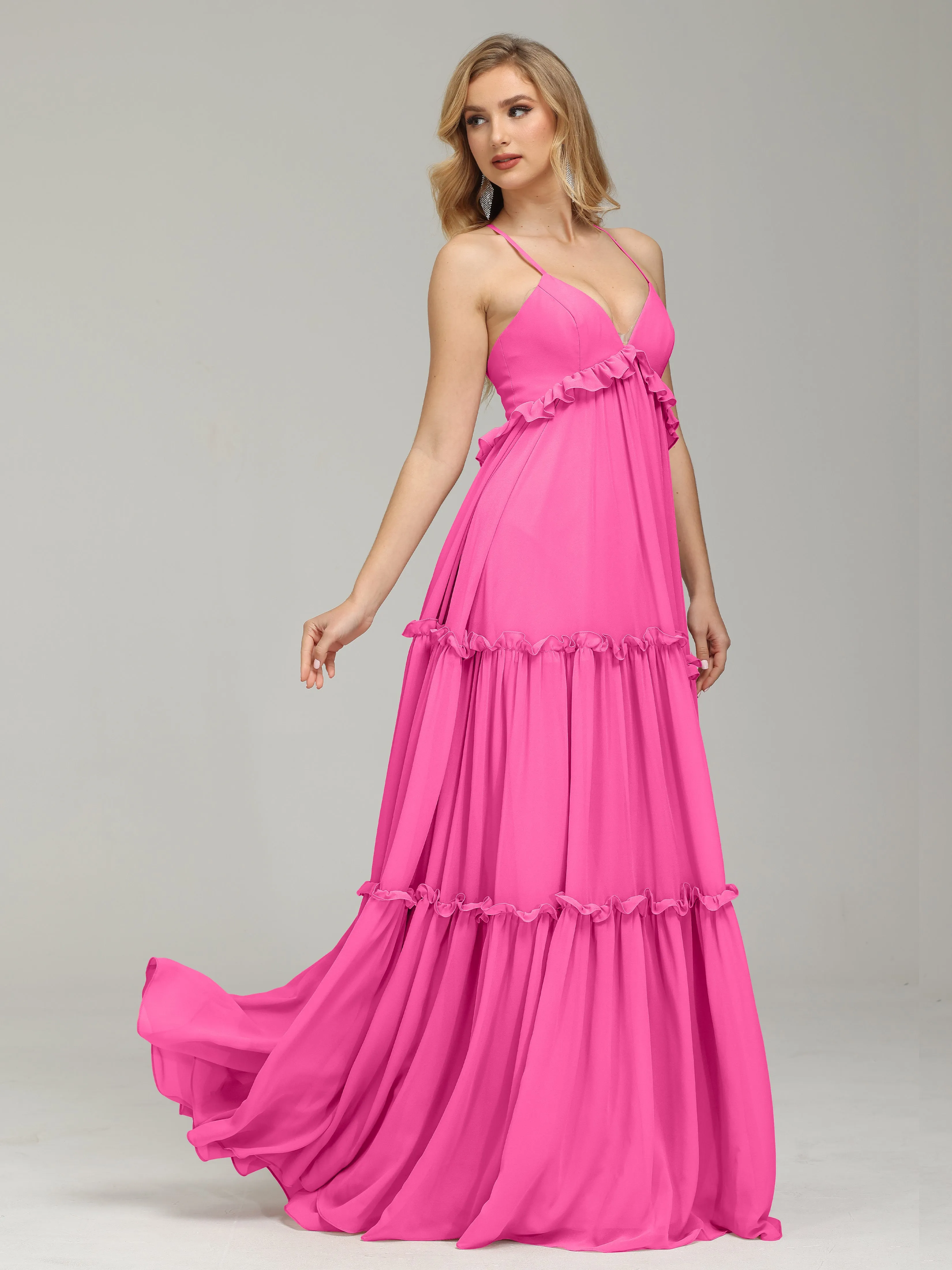 Amanda V-Neck Trapeze Crisscross Chiffon Evening Gowns