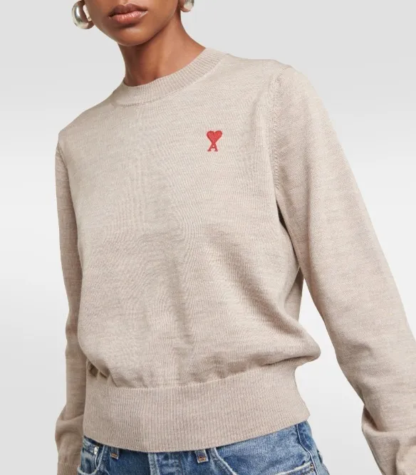 Wool Long Sleeves Plain Crew Neck Heart