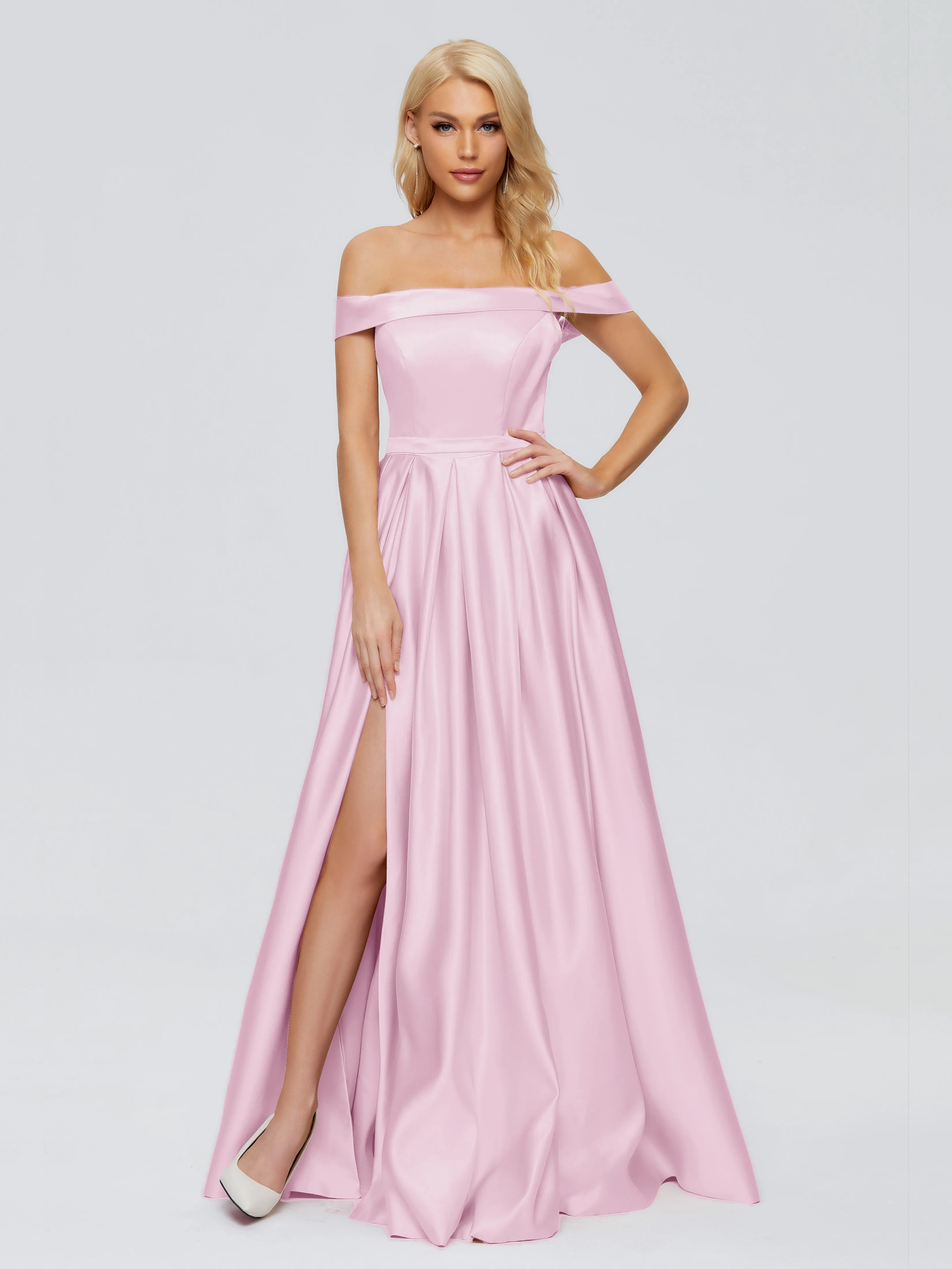 Annabelle Off-the-Shoulder Front-Slit Satin Prom/Party Dresses