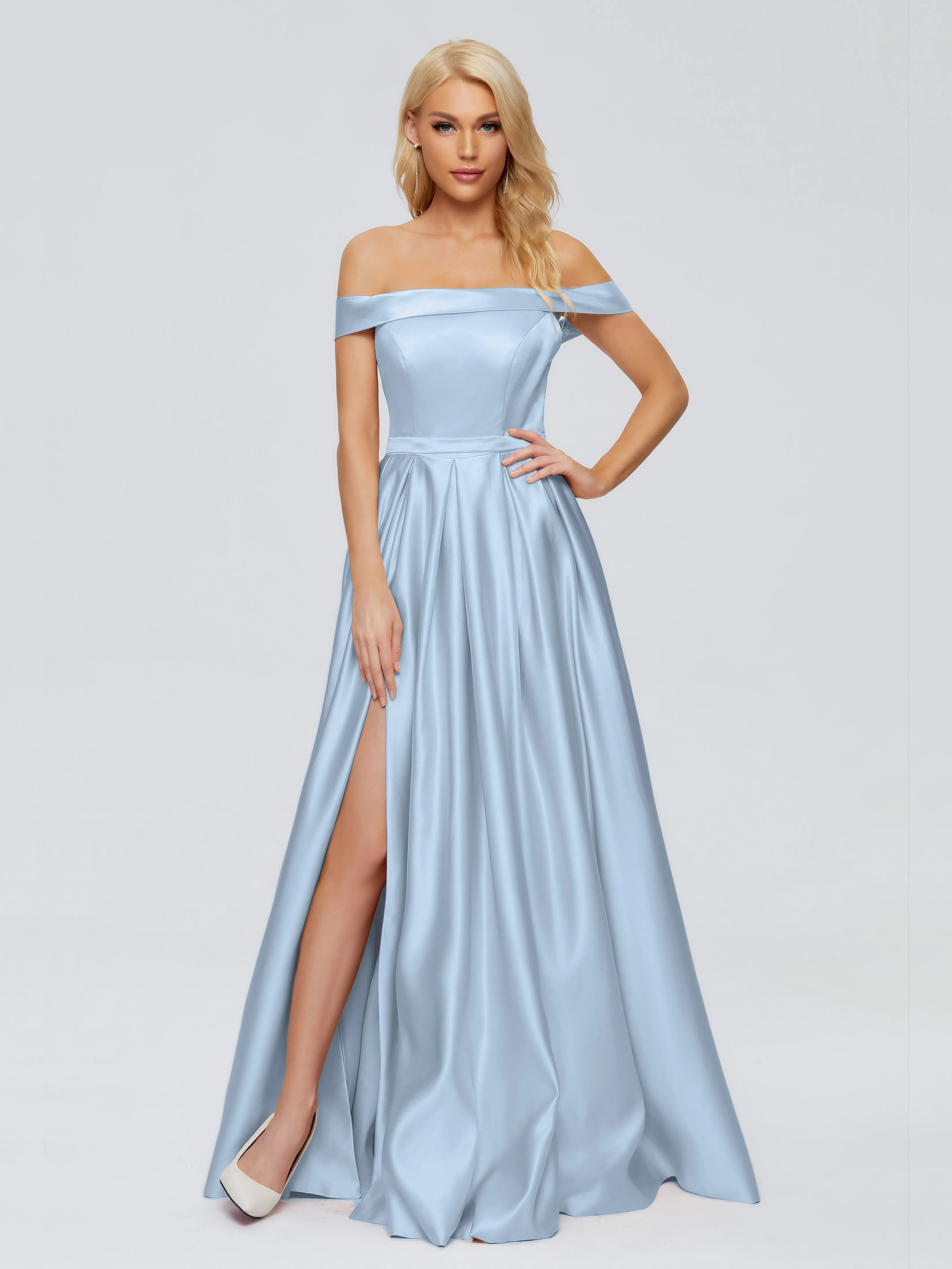 Annabelle Off-the-Shoulder Front-Slit Satin Prom/Party Dresses