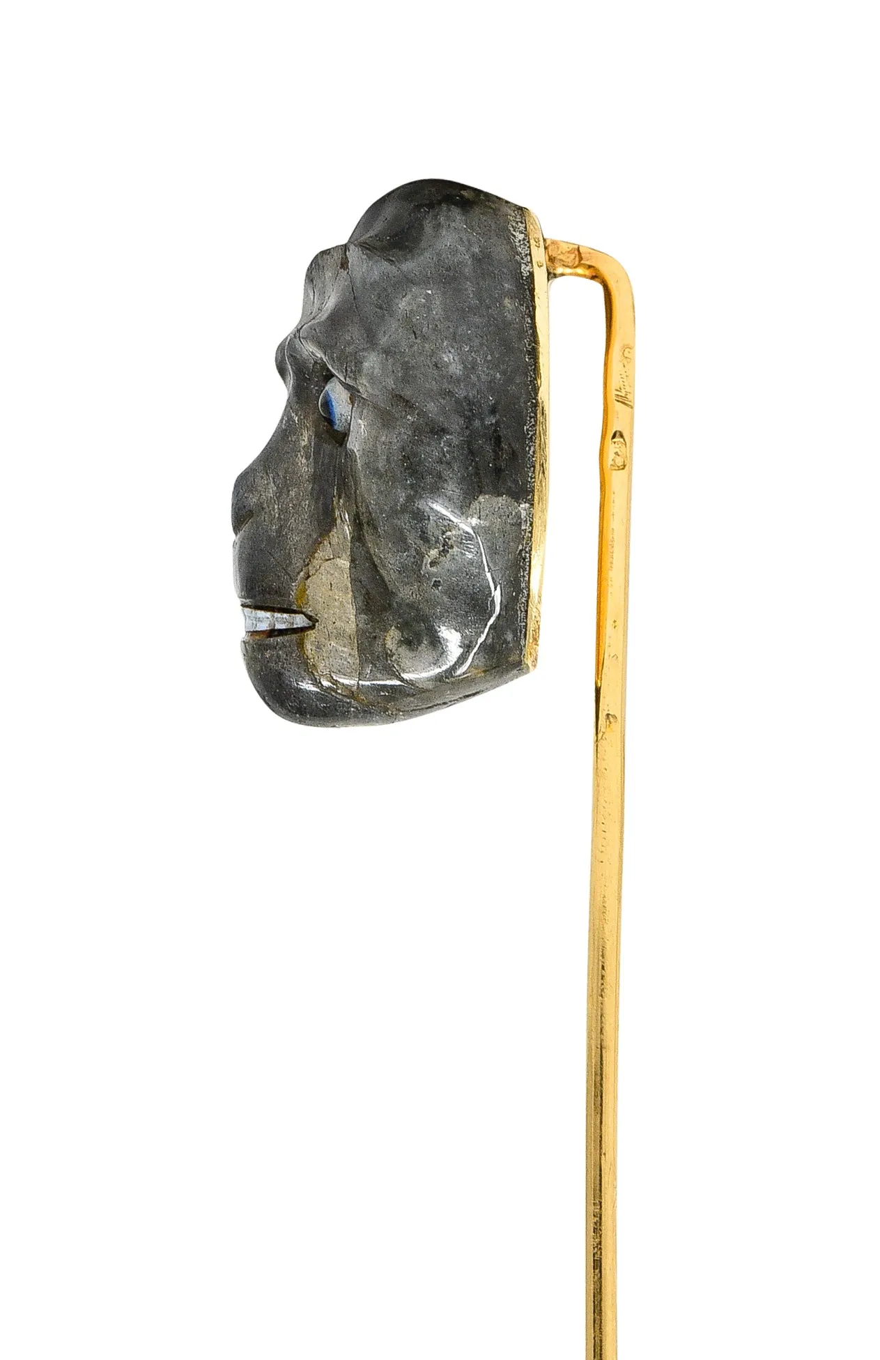 Victorian Gorilla Gold Stickpin Antique Labradorite Glass 14 Karat 1890's