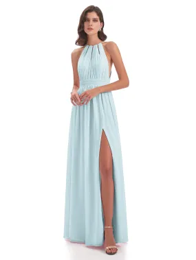 Evening Gowns with Split Front Halter Neckline Mousseline