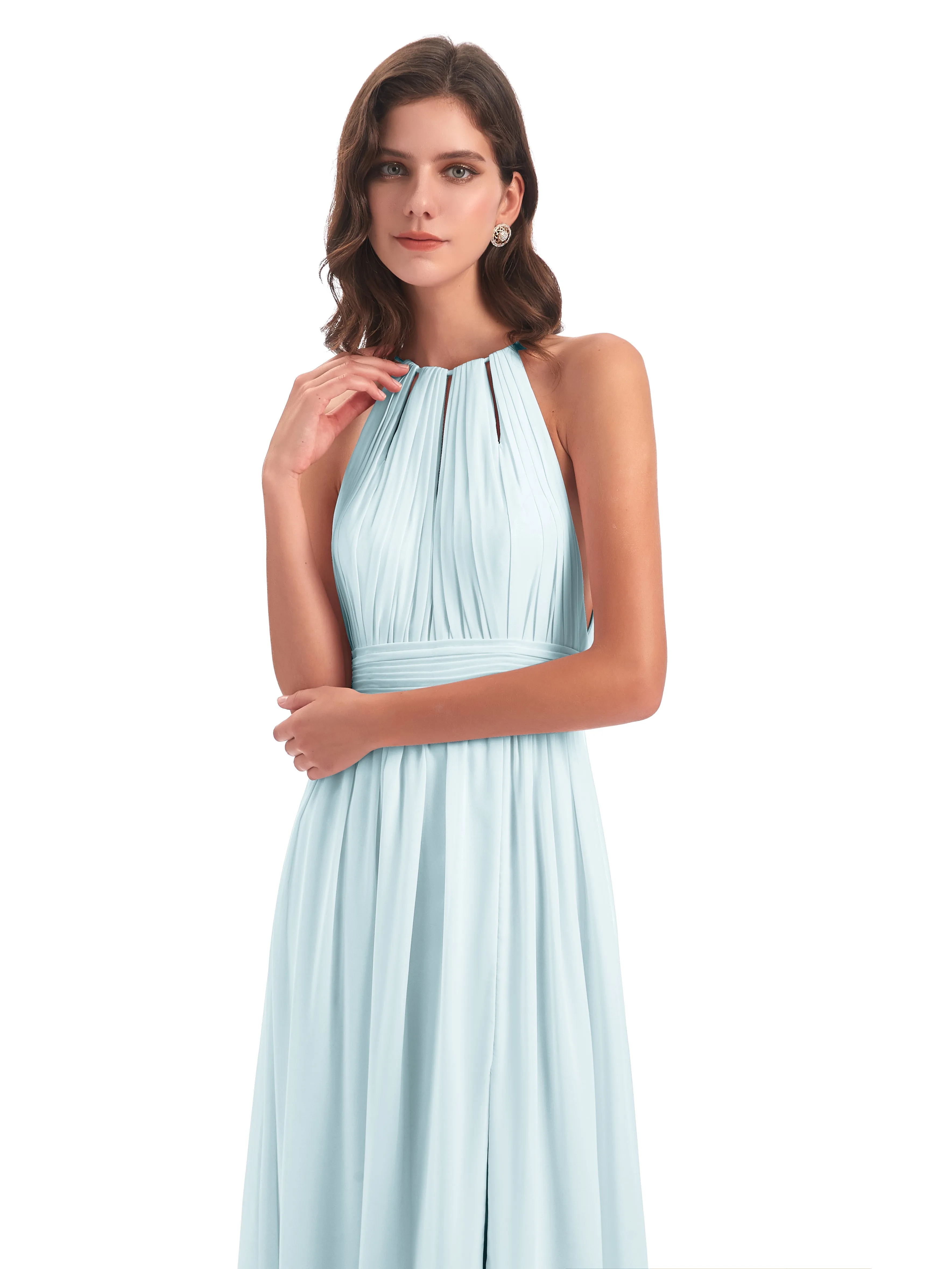 Evening Gowns with Split Front Halter Neckline Mousseline