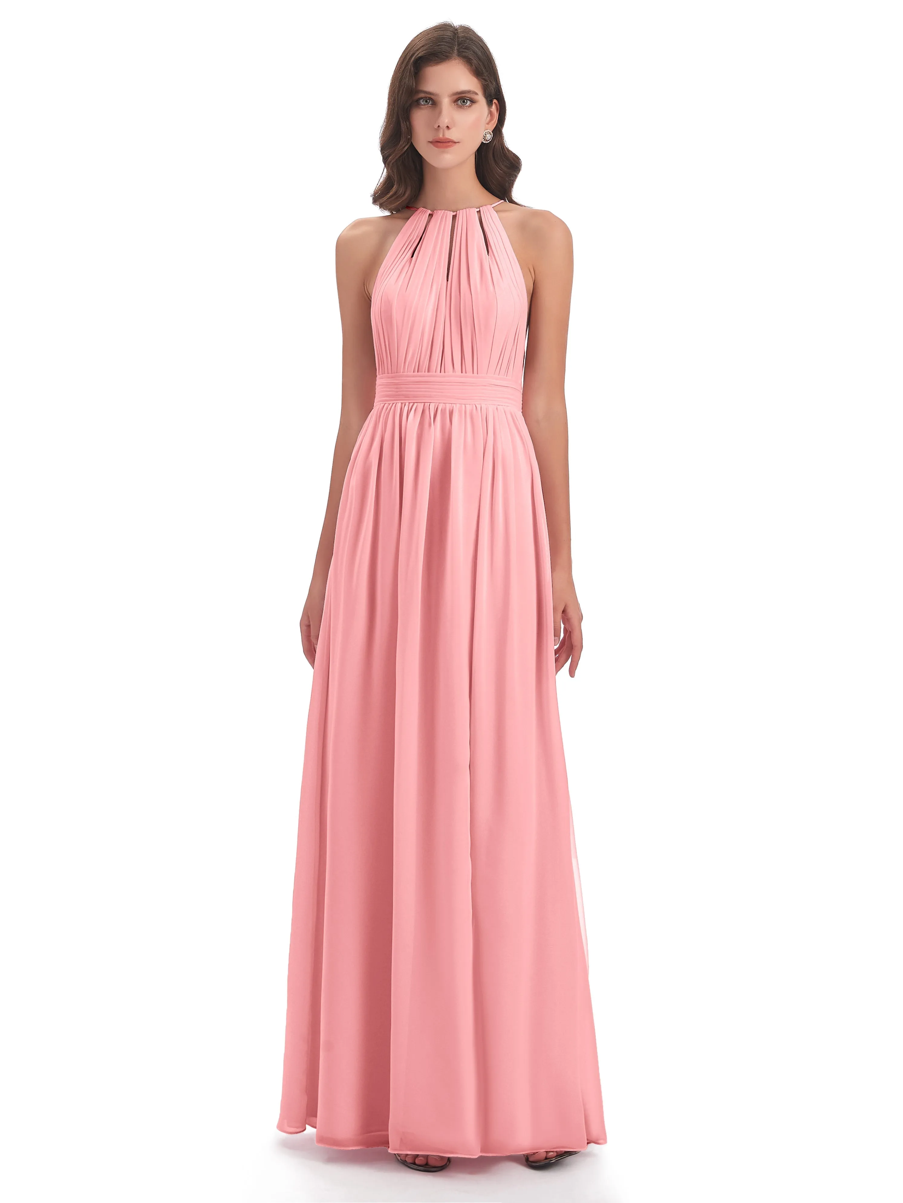 Evening Gowns with Split Front Halter Neckline Mousseline