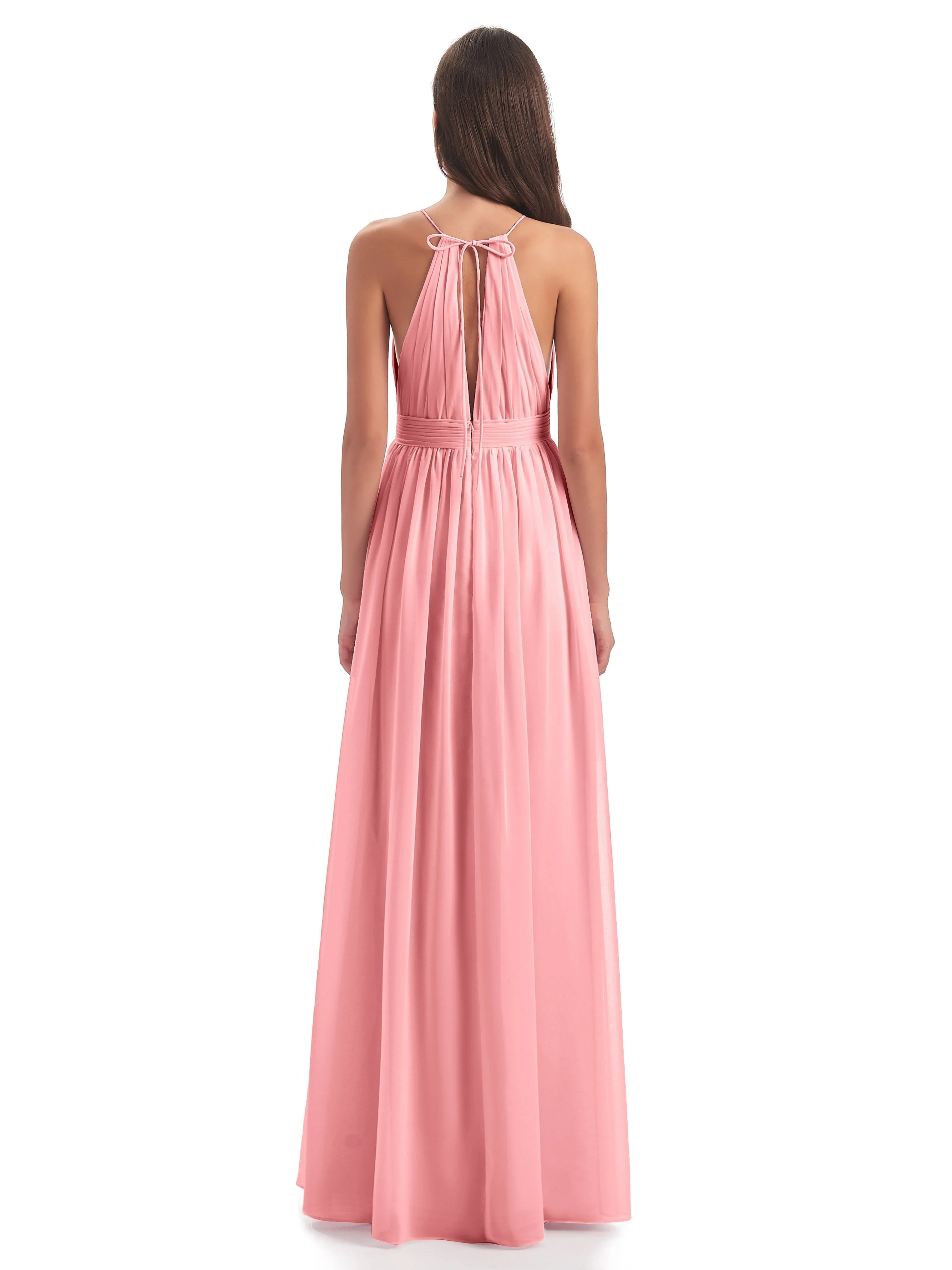 Evening Gowns with Split Front Halter Neckline Mousseline