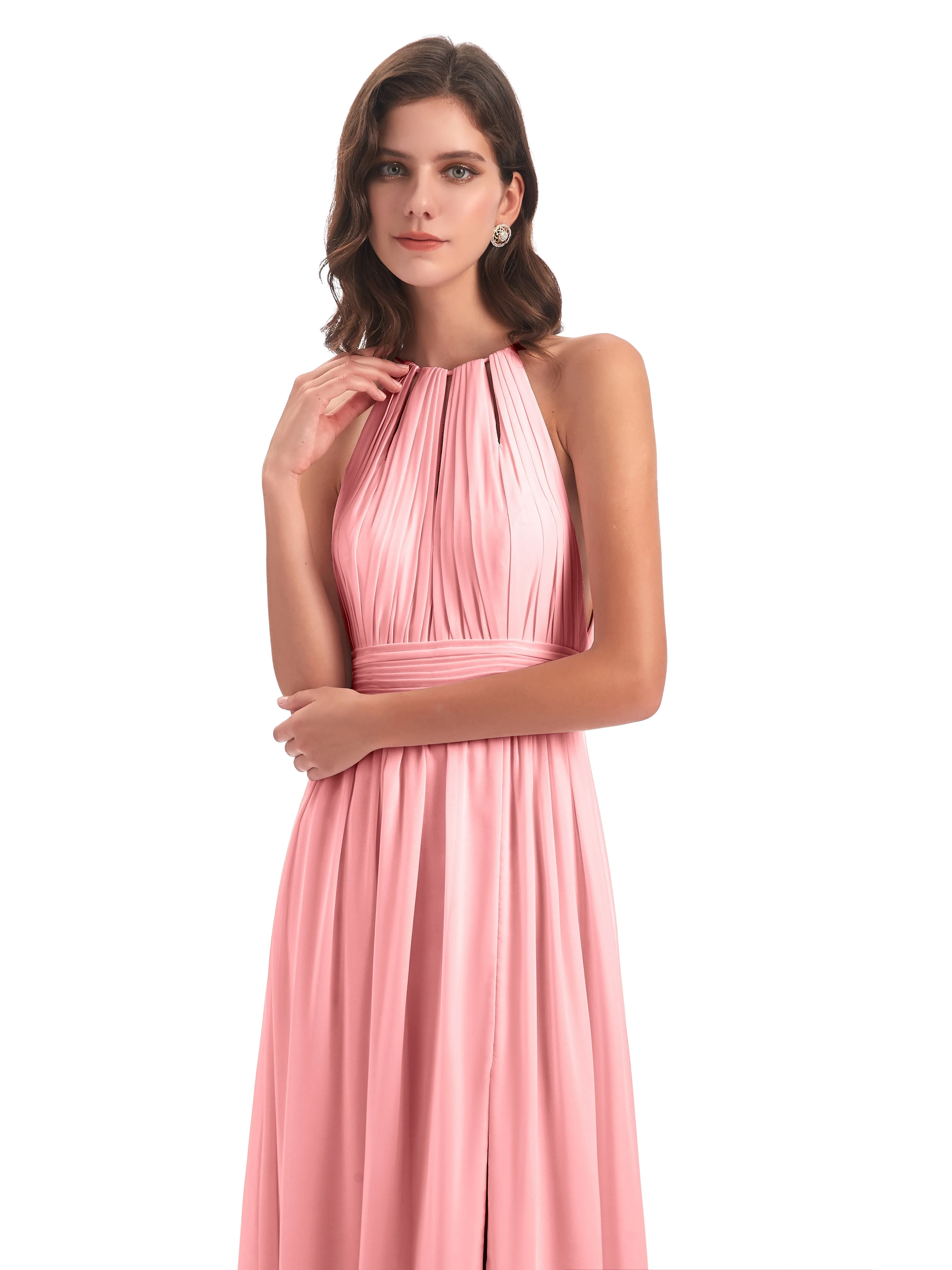 Evening Gowns with Split Front Halter Neckline Mousseline