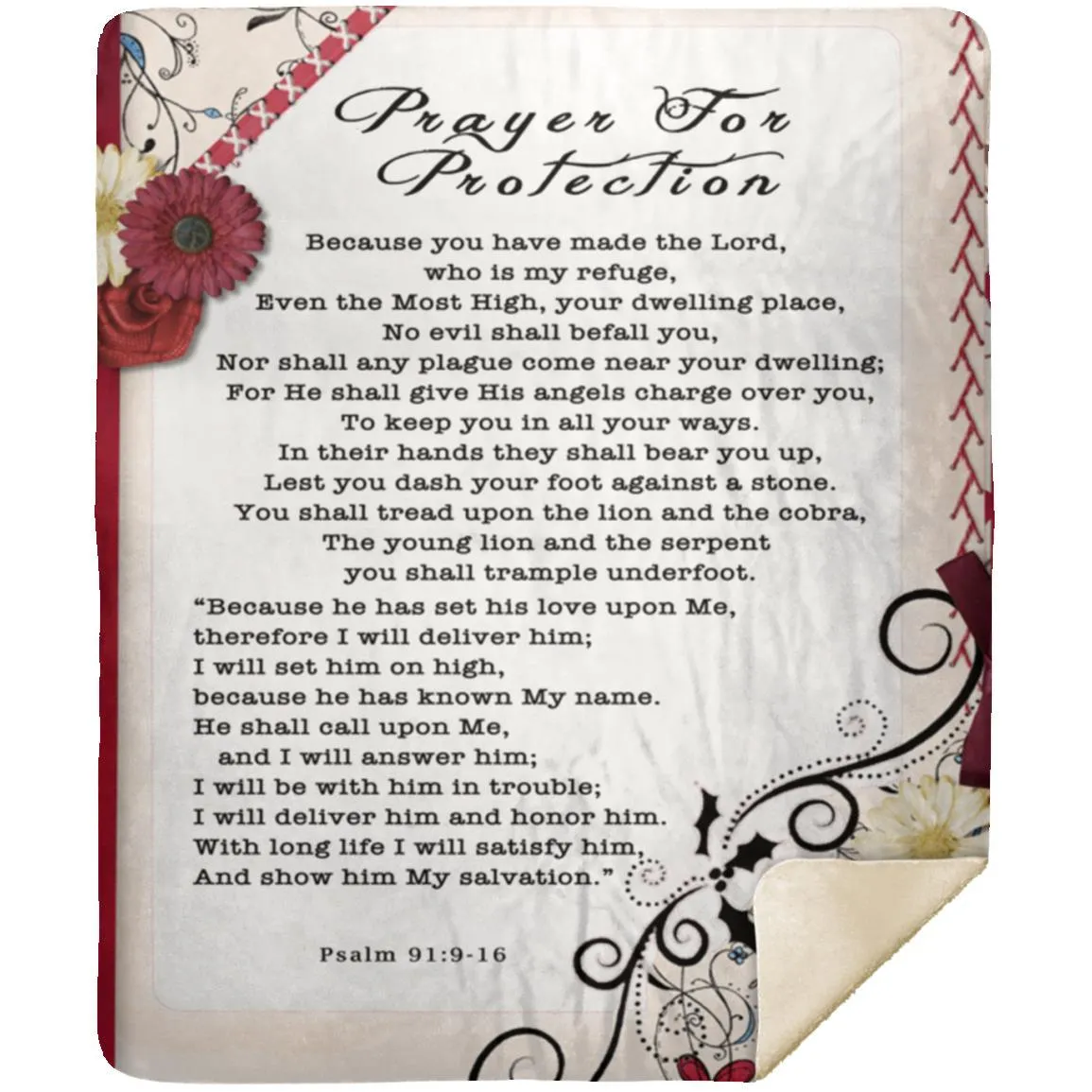 Bible Verses Premium Mink Sherpa Blanket - Prayer for Protection Psalm 91:9-16 Flower Frame 1