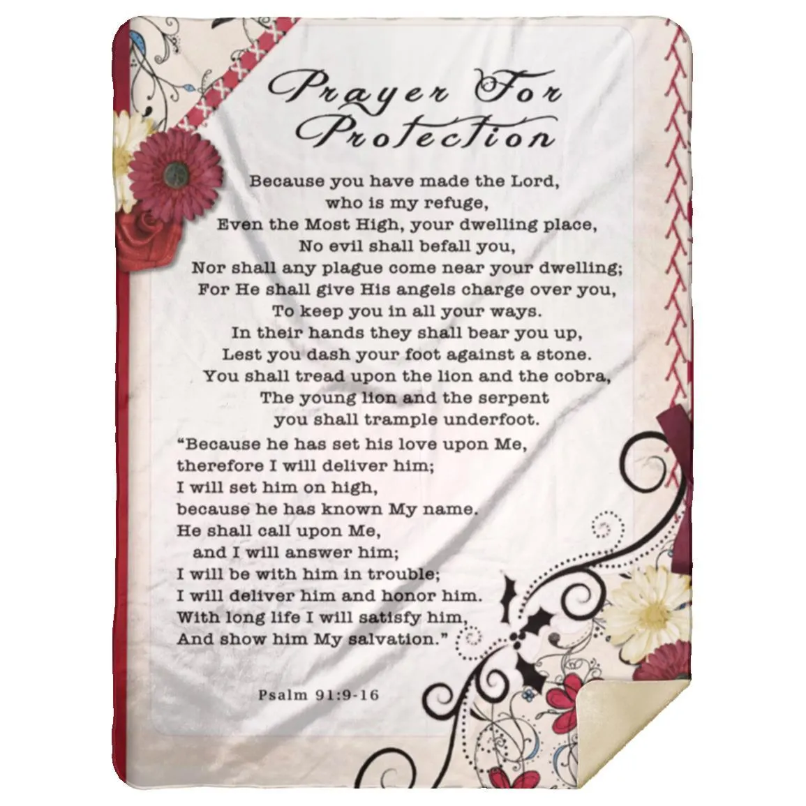 Bible Verses Premium Mink Sherpa Blanket - Prayer for Protection Psalm 91:9-16 Flower Frame 1