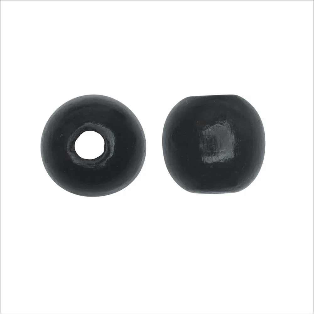 20 Pieces of Black Dyed Wood Beads, Large Hole Round 14mm