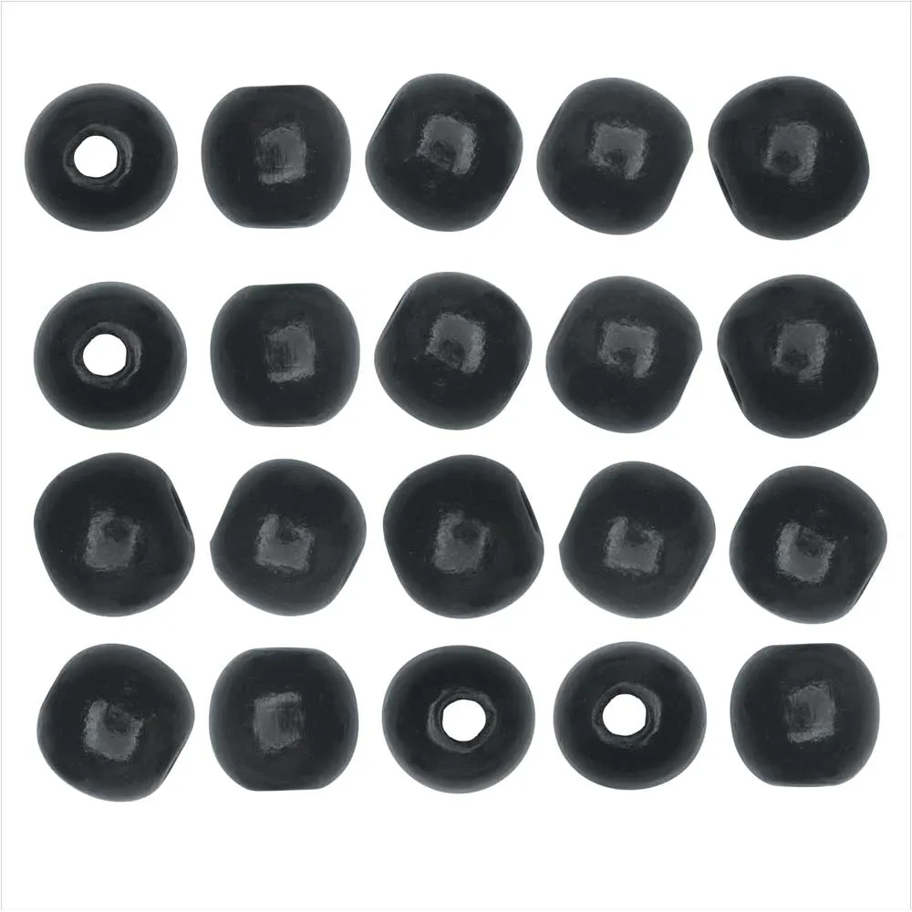 20 Pieces of Black Dyed Wood Beads, Large Hole Round 14mm