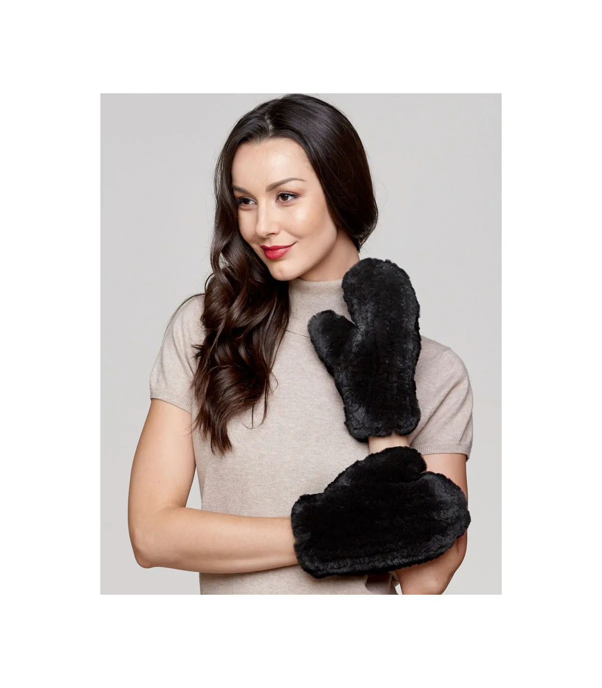 Black Kenna Knit Rabbit Fur Mittens