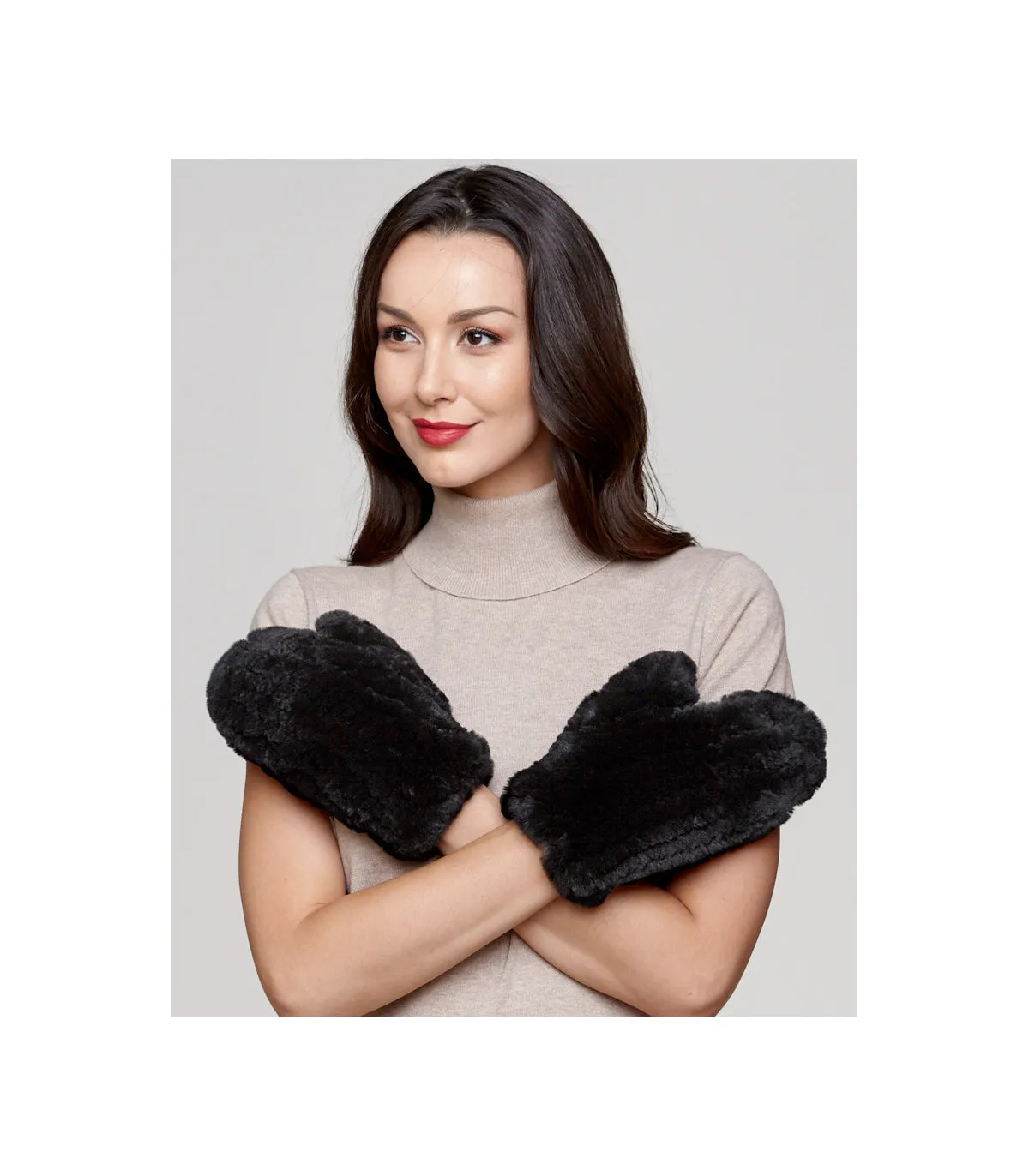 Black Kenna Knit Rabbit Fur Mittens