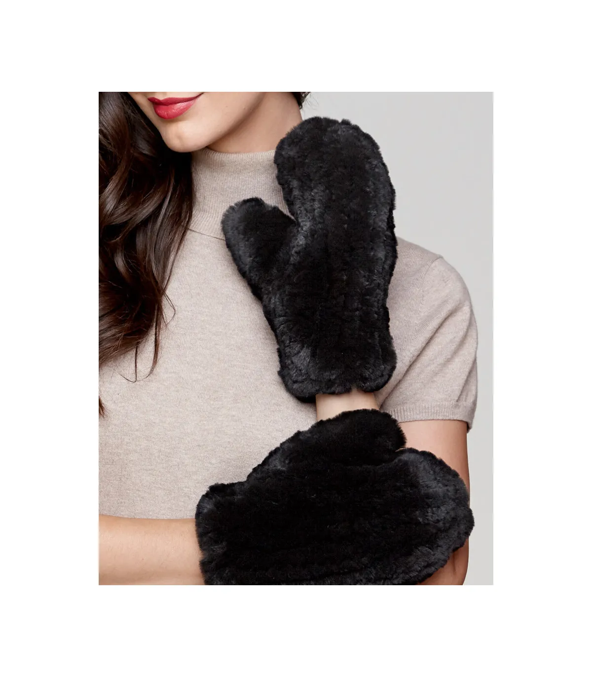 Black Kenna Knit Rabbit Fur Mittens