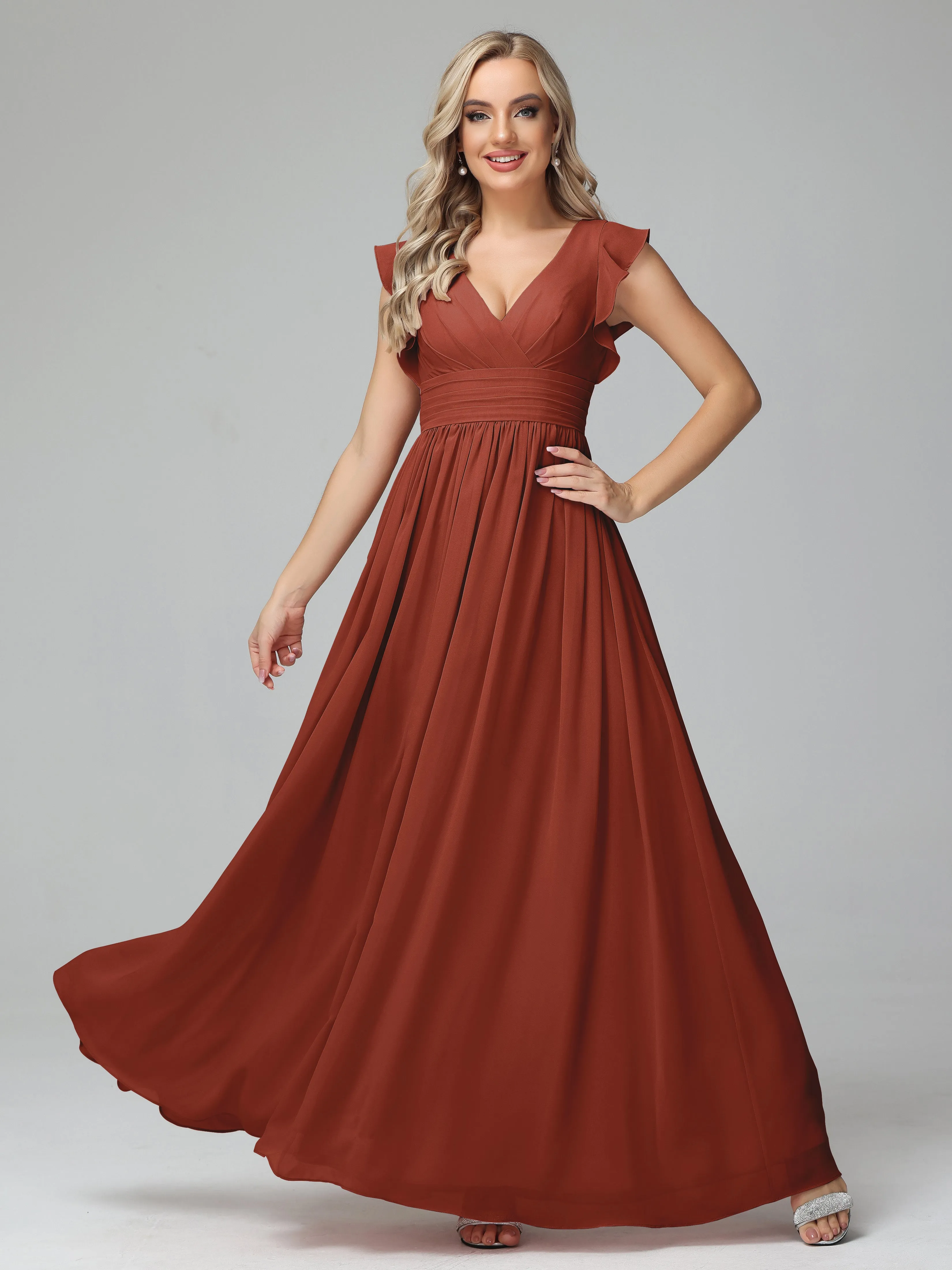 Rust Tone Flowy Chiffon Long Bridesmaid Dress