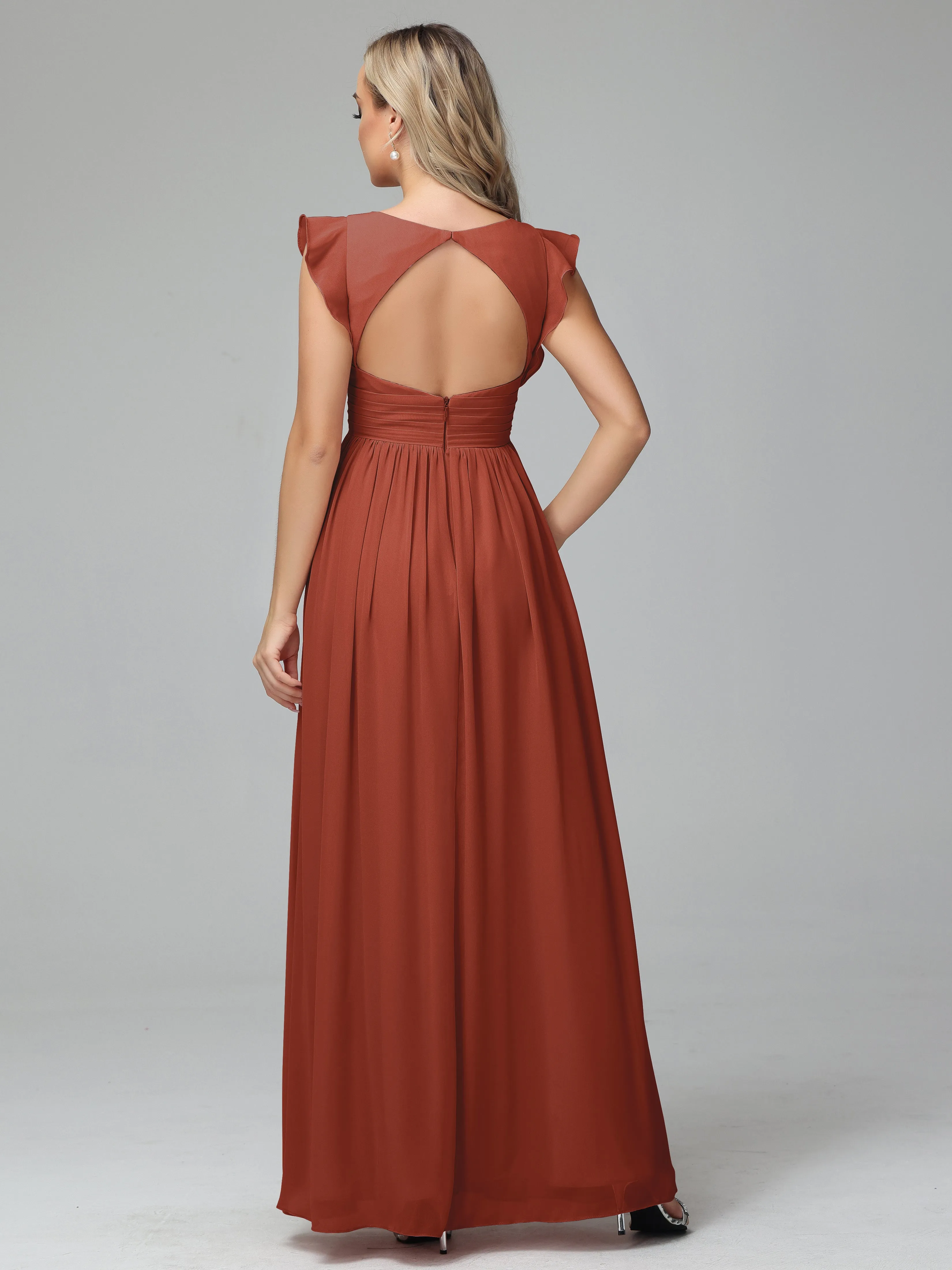 Rust Tone Flowy Chiffon Long Bridesmaid Dress