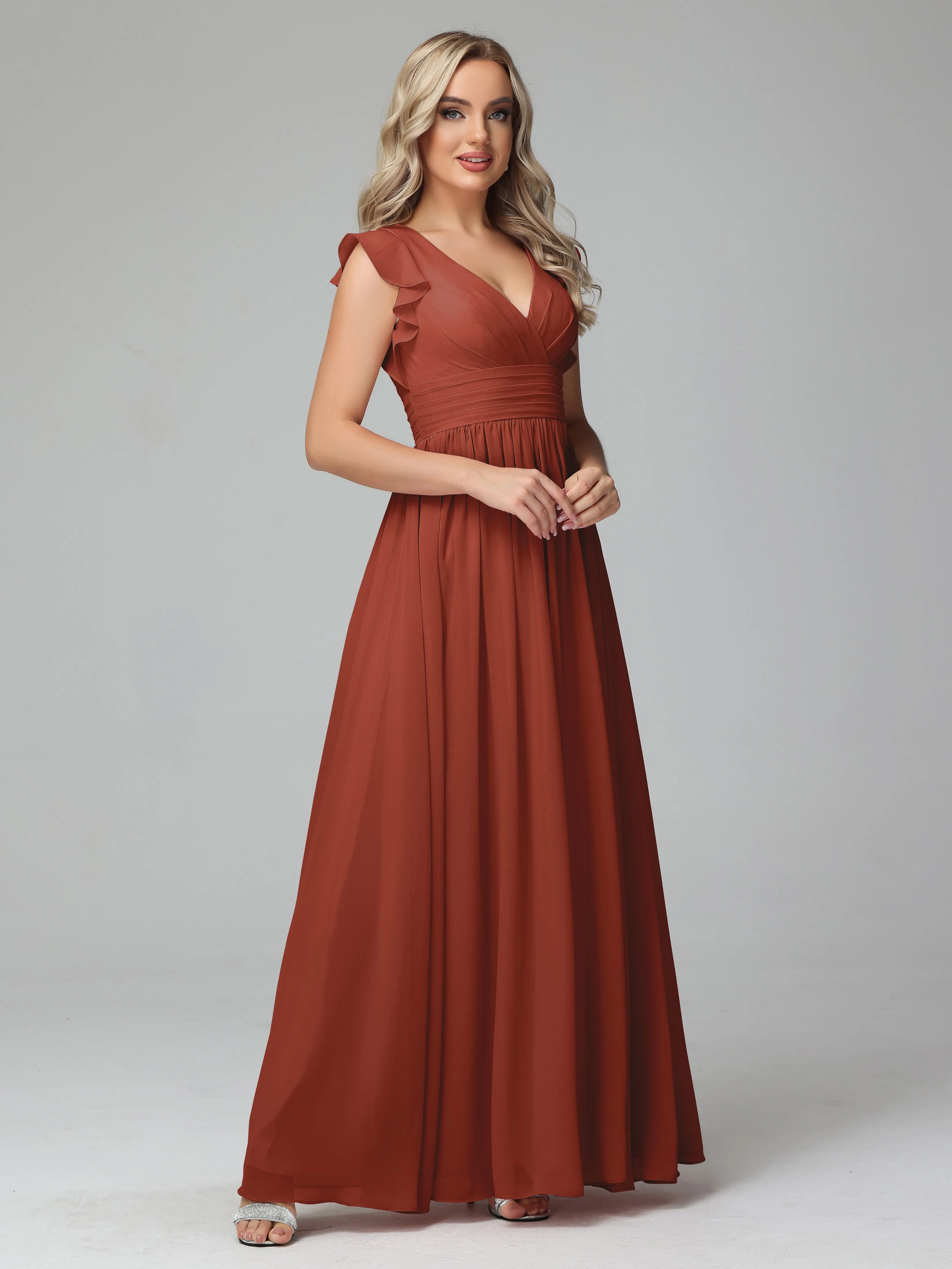 Rust Tone Flowy Chiffon Long Bridesmaid Dress