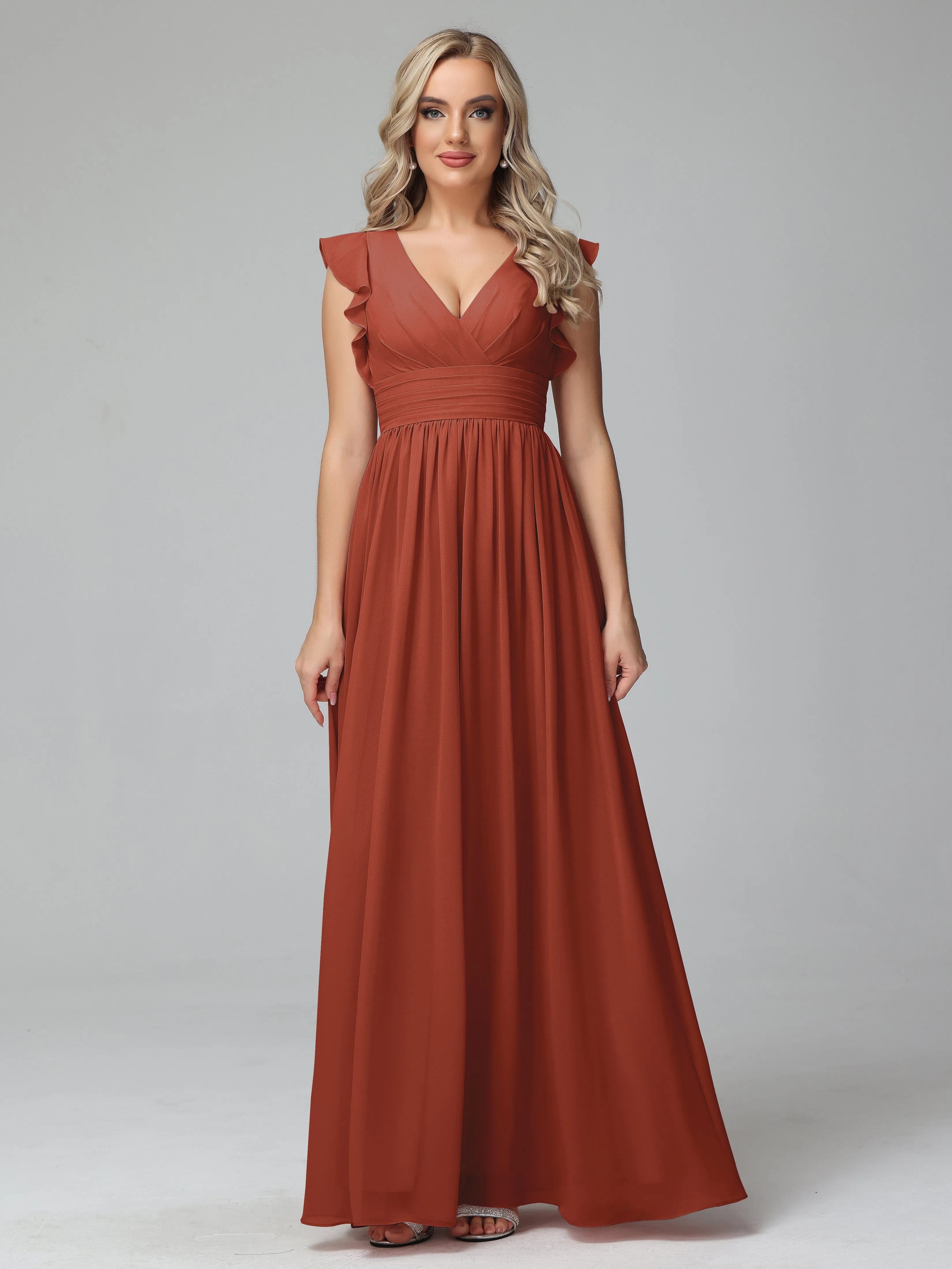 Rust Tone Flowy Chiffon Long Bridesmaid Dress