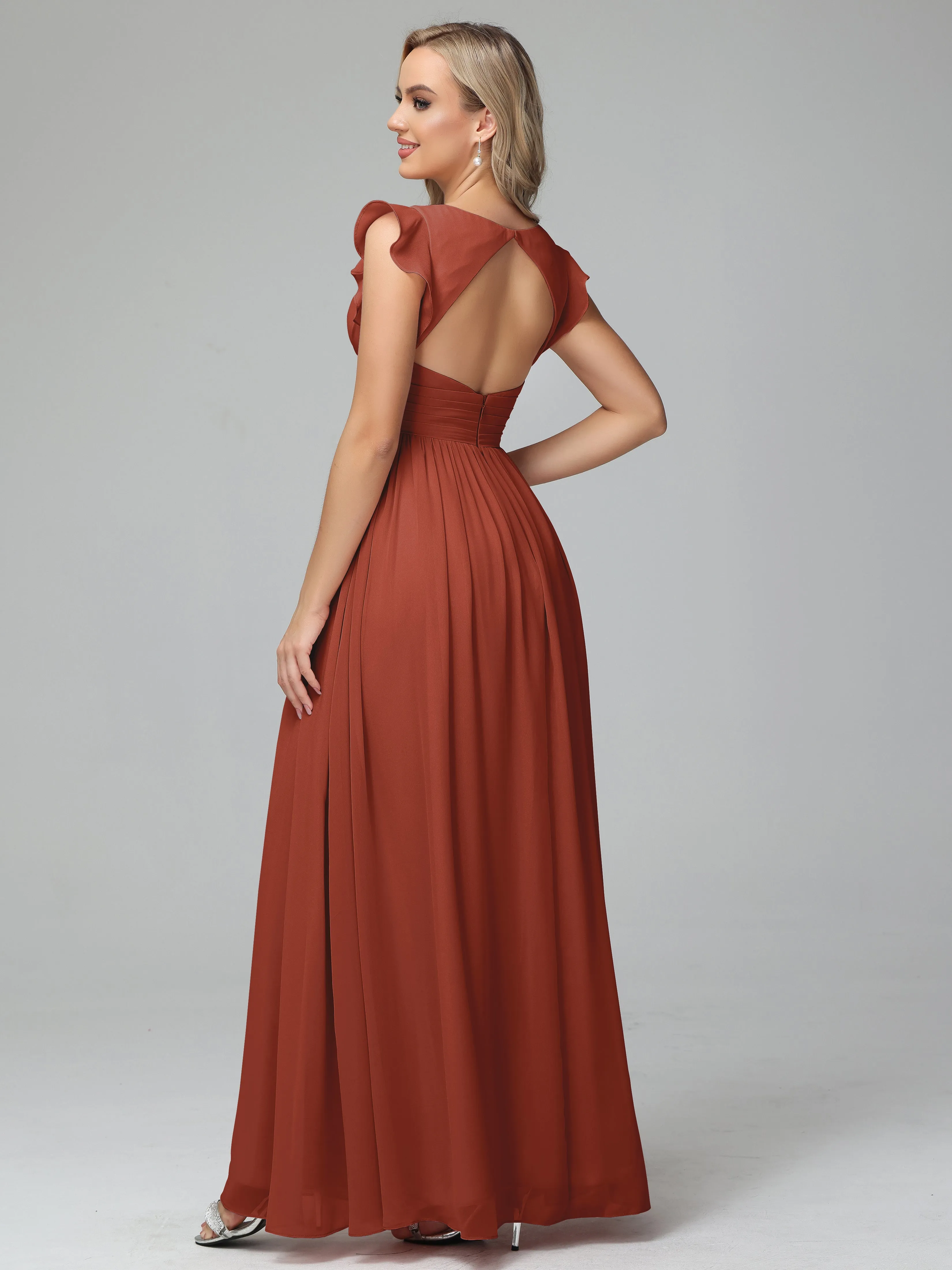 Rust Tone Flowy Chiffon Long Bridesmaid Dress