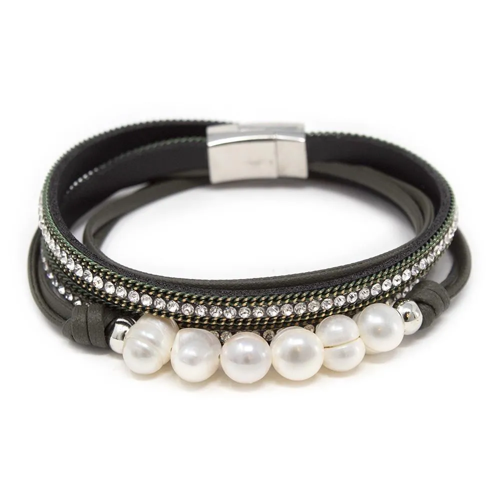 Black Bracelet Multi Strand Leather Bead Four Pearl