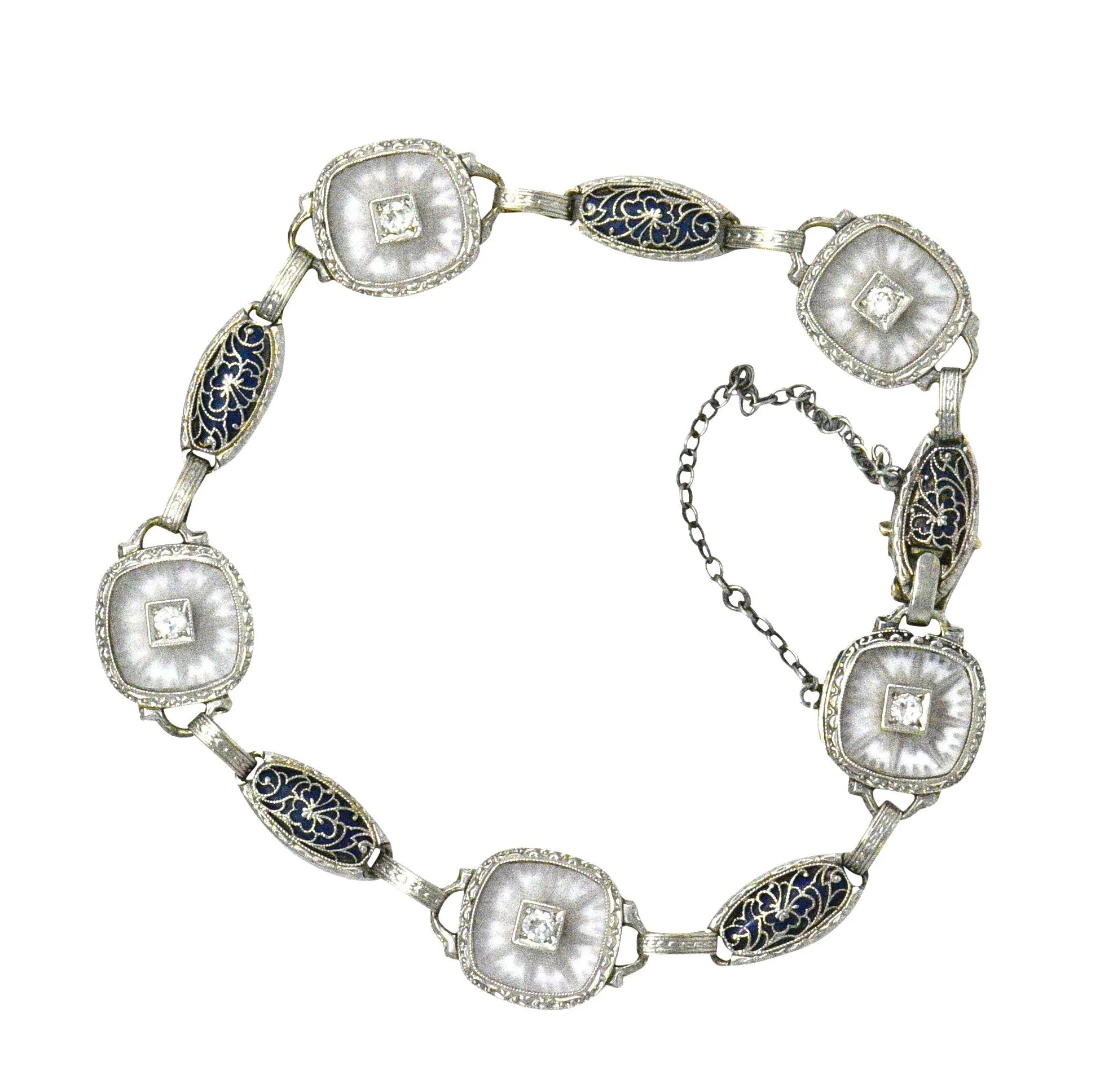 Art Deco Diamond Camphor Glass Enamel Platinum-Topped Bracelet