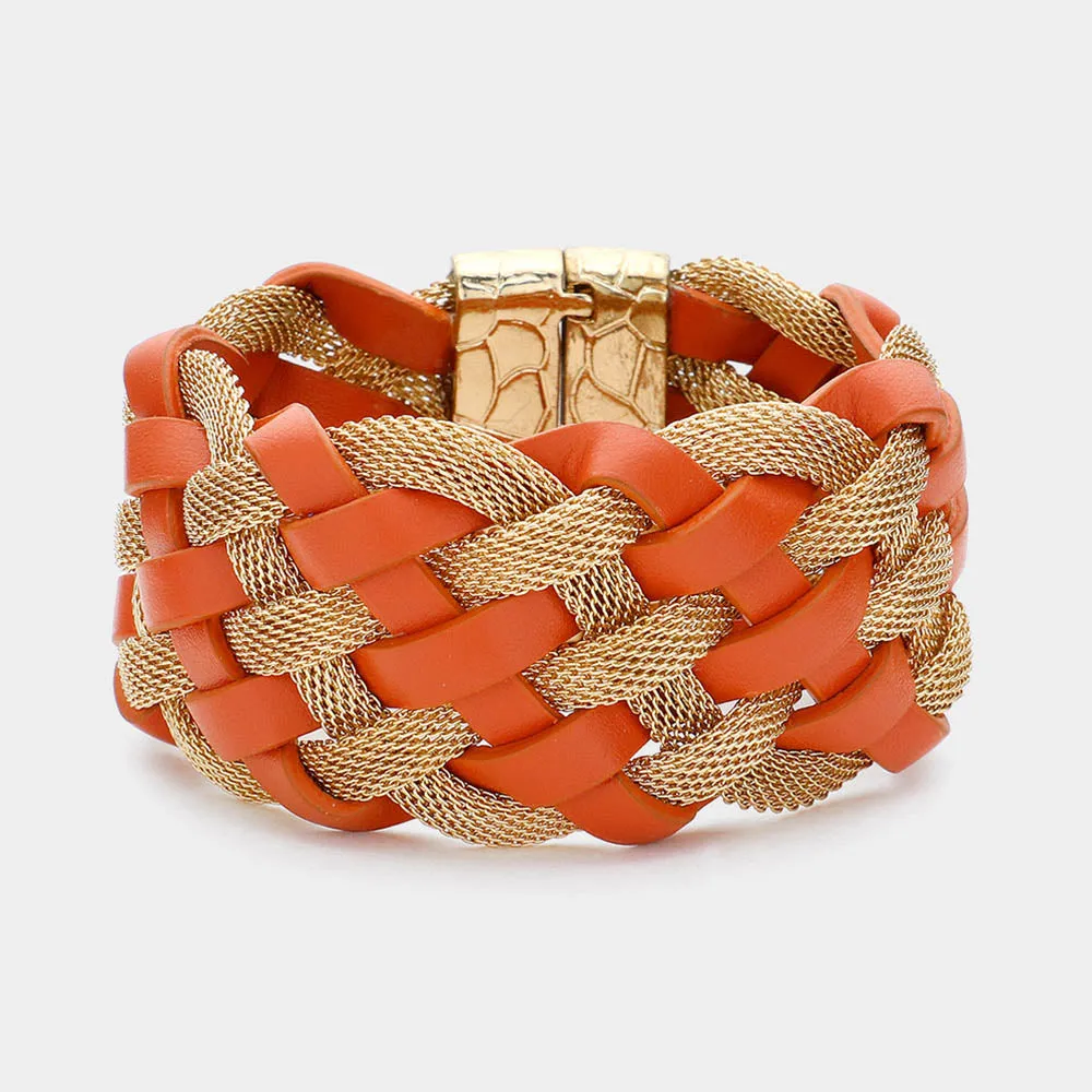 iLLASPARKZ Braided Metal Mesh Faux Leather Magnetic Bracelet