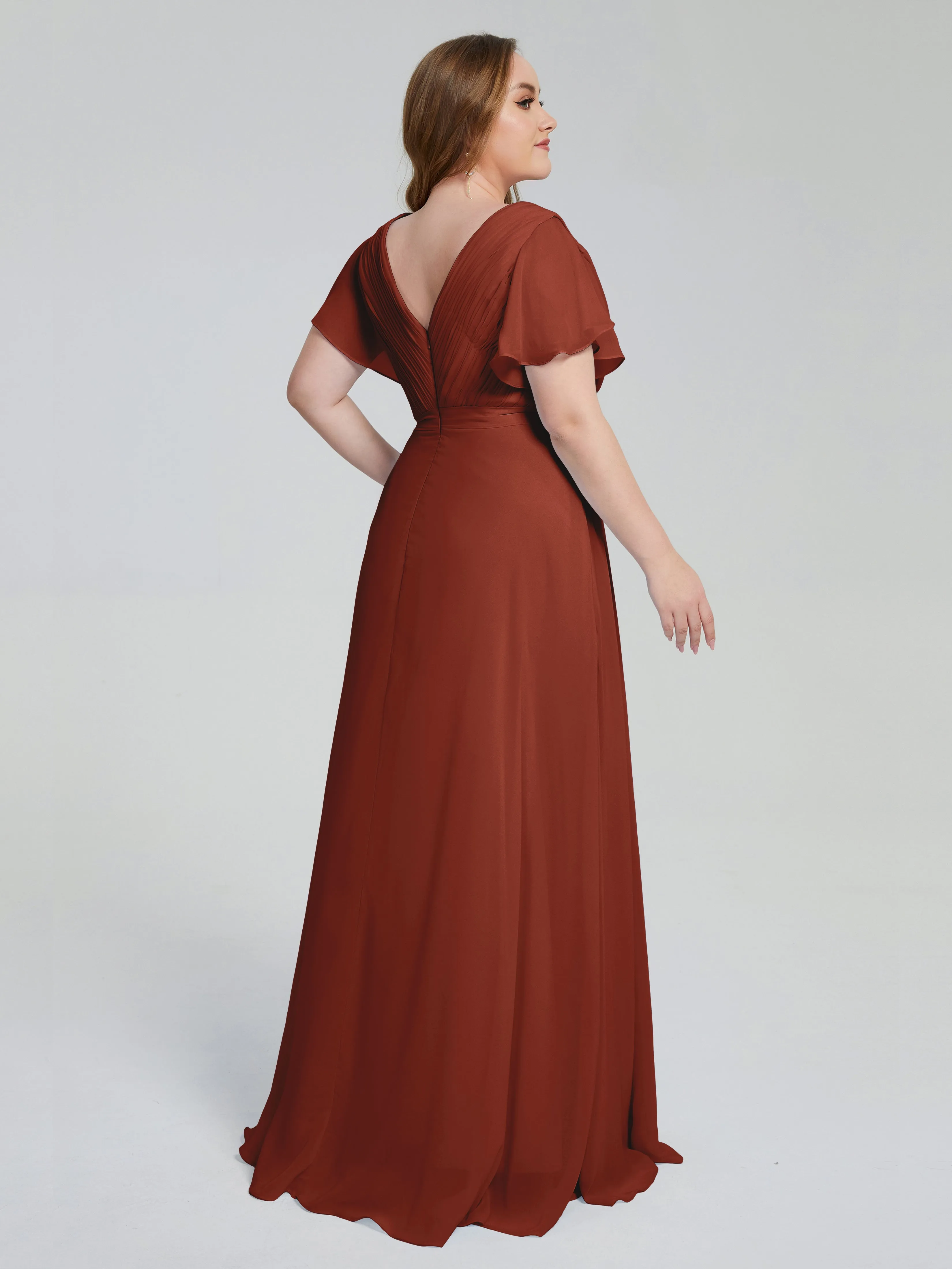 Rust Tone Short Sleeve Chiffon Bridesmaid Dress