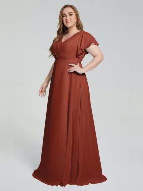 Rust Tone Short Sleeve Chiffon Bridesmaid Dress