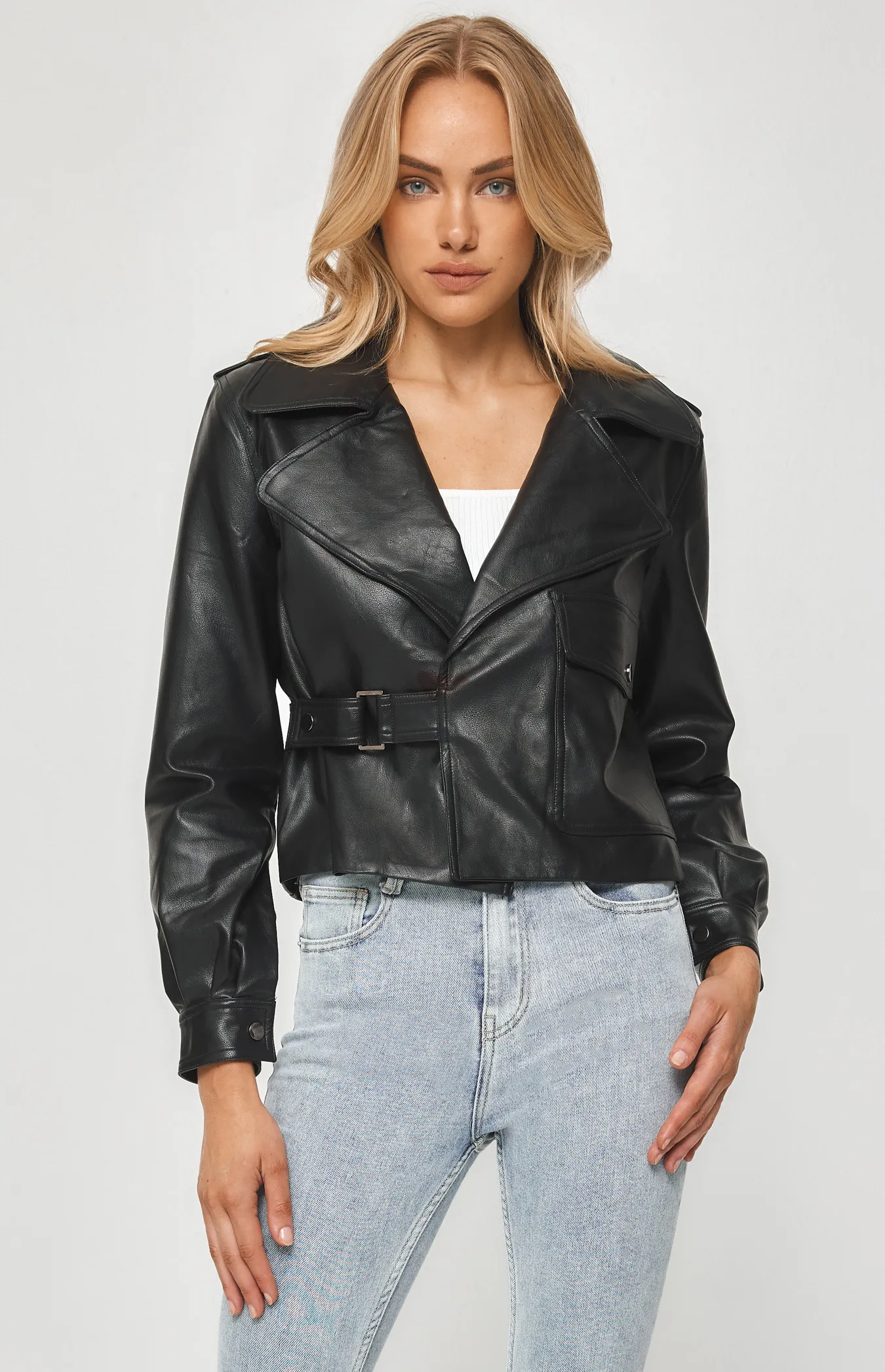 Buckle Detail Faux Leather Jacket