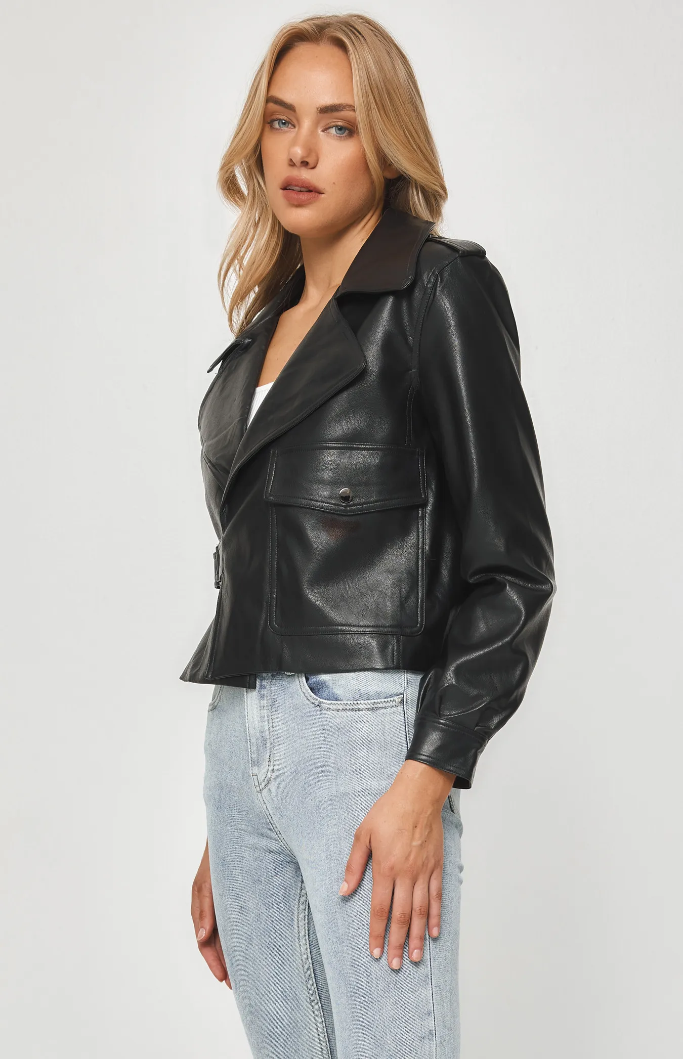 Buckle Detail Faux Leather Jacket