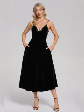 Velvet Midi Bridesmaid Dress with Spaghetti Straps