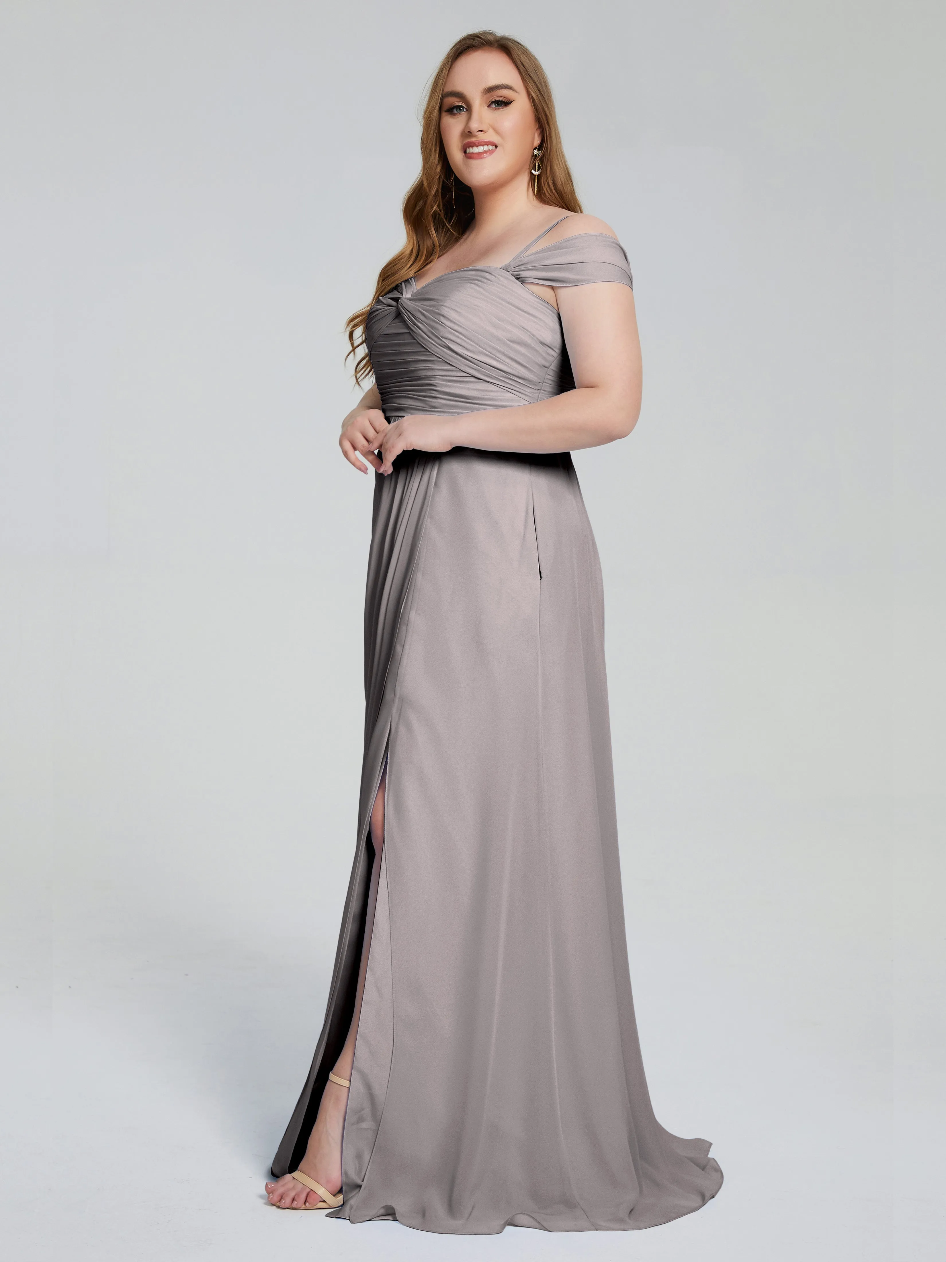 Pretty Plus Size Chiffon Bridesmaid Dress with Split Straps