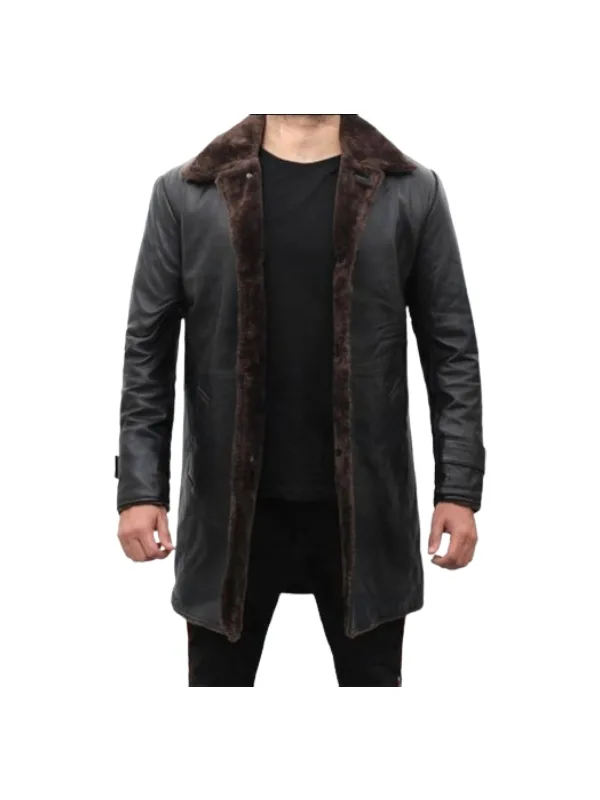 Mens Shearling Lined Black Leather Trench Coat