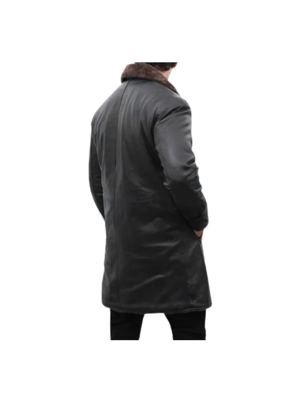 Mens Shearling Lined Black Leather Trench Coat