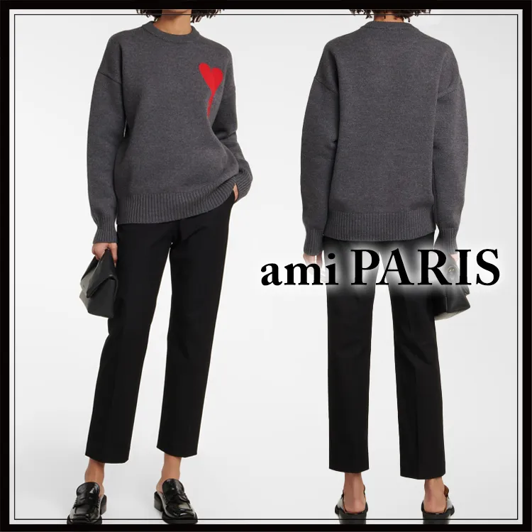 AMI PARIS Wool Long Sleeves Office Style Crew Neck Casual Logo