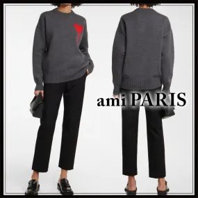 AMI PARIS Wool Long Sleeves Office Style Crew Neck Casual Logo