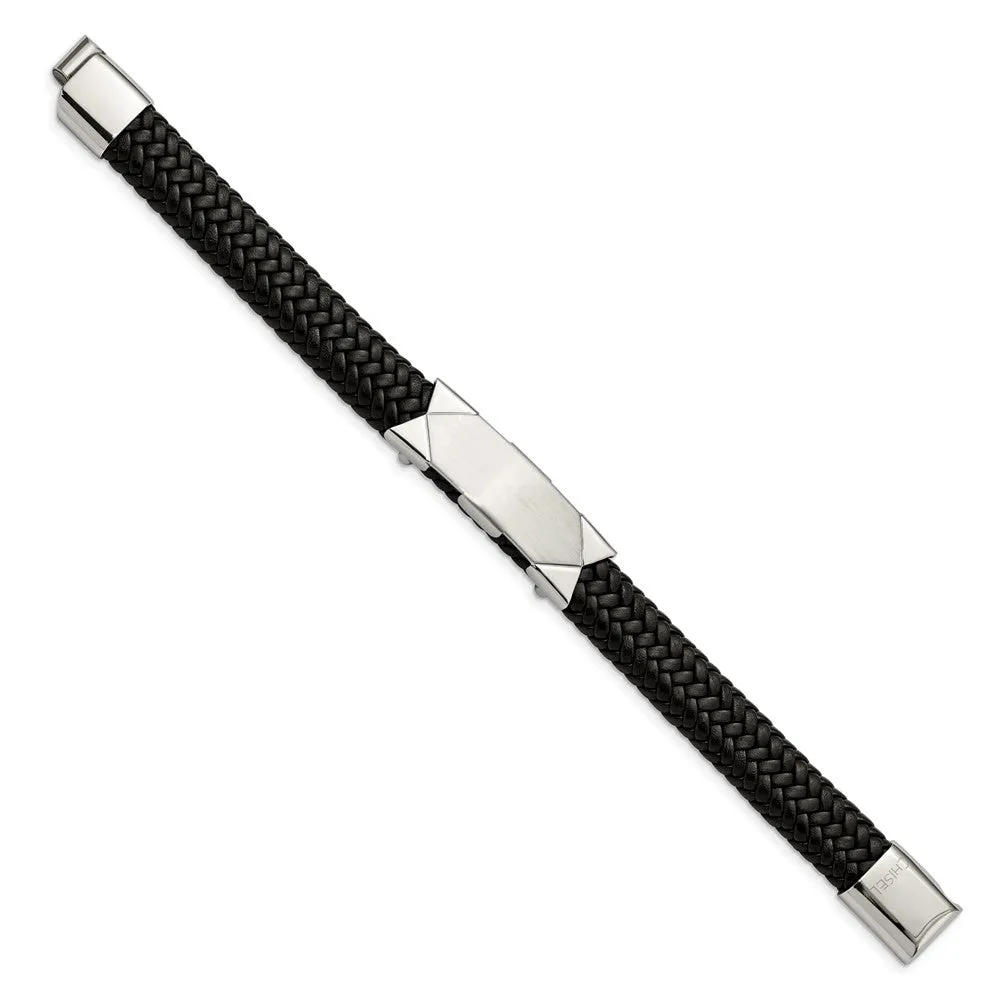 8.5 Inch 13mm Braided Black Leather I.D. Bracelet in Stainless Steel