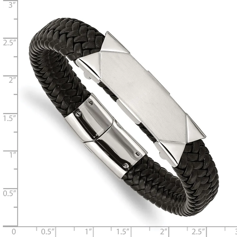 8.5 Inch 13mm Braided Black Leather I.D. Bracelet in Stainless Steel