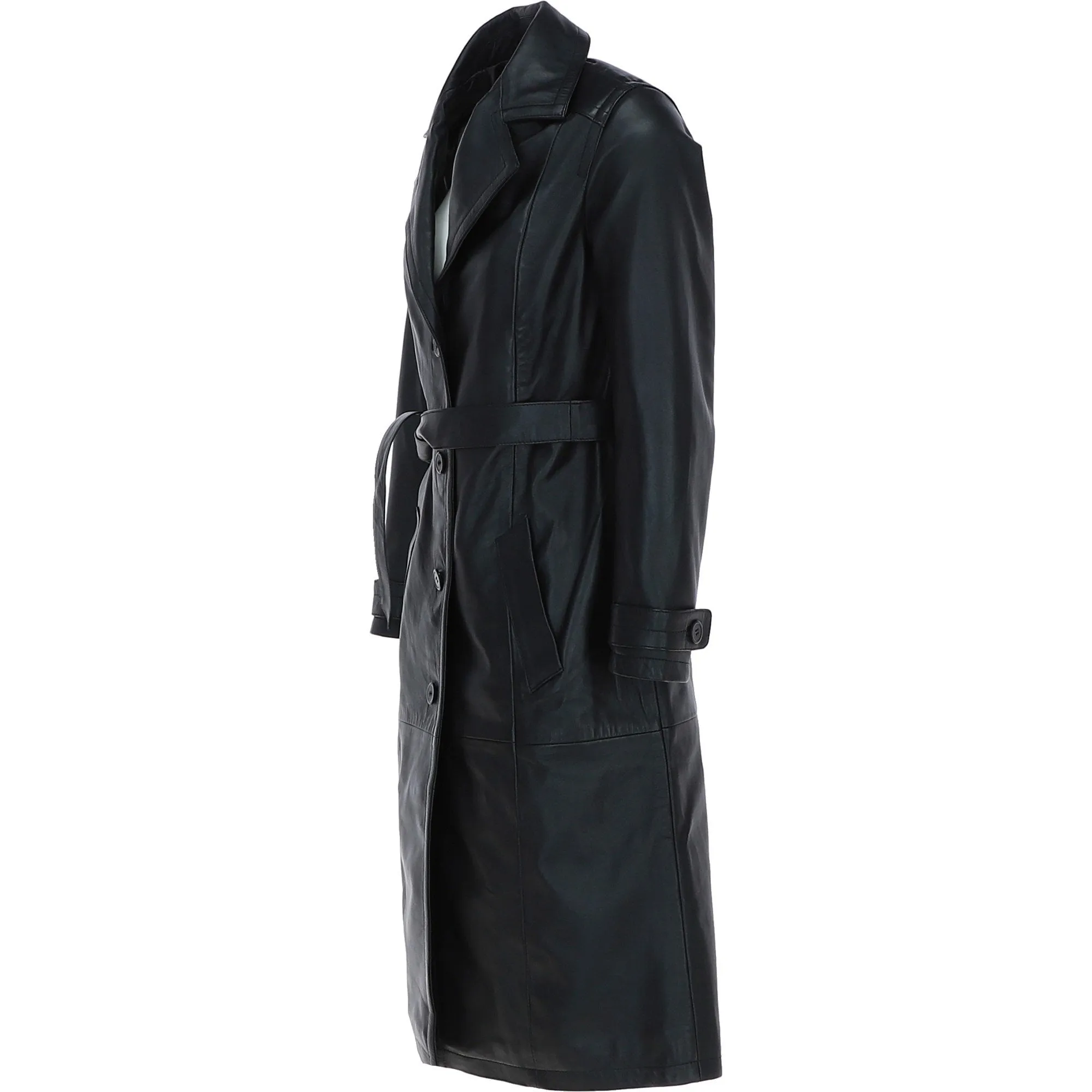 Elegant Longline Women's Leather Trench Coat with Waist Tie Black