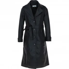 Elegant Longline Women's Leather Trench Coat with Waist Tie Black