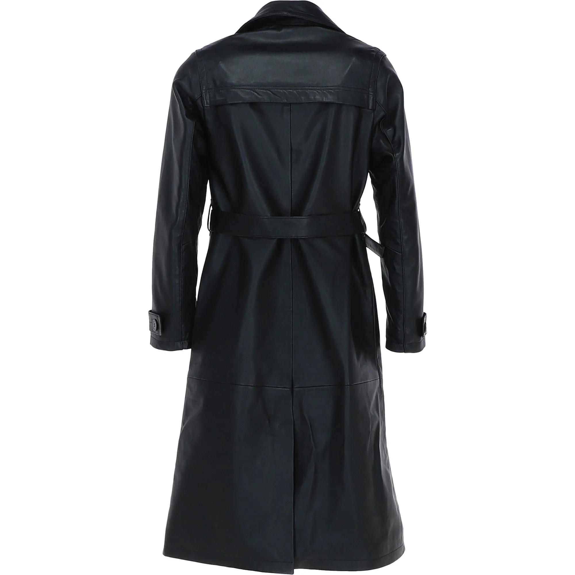 Elegant Longline Women's Leather Trench Coat with Waist Tie Black