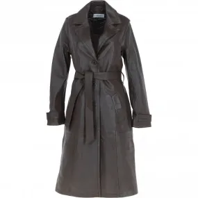 Elegant Longline Women's Leather Trench Coat with Waist Tie Navada