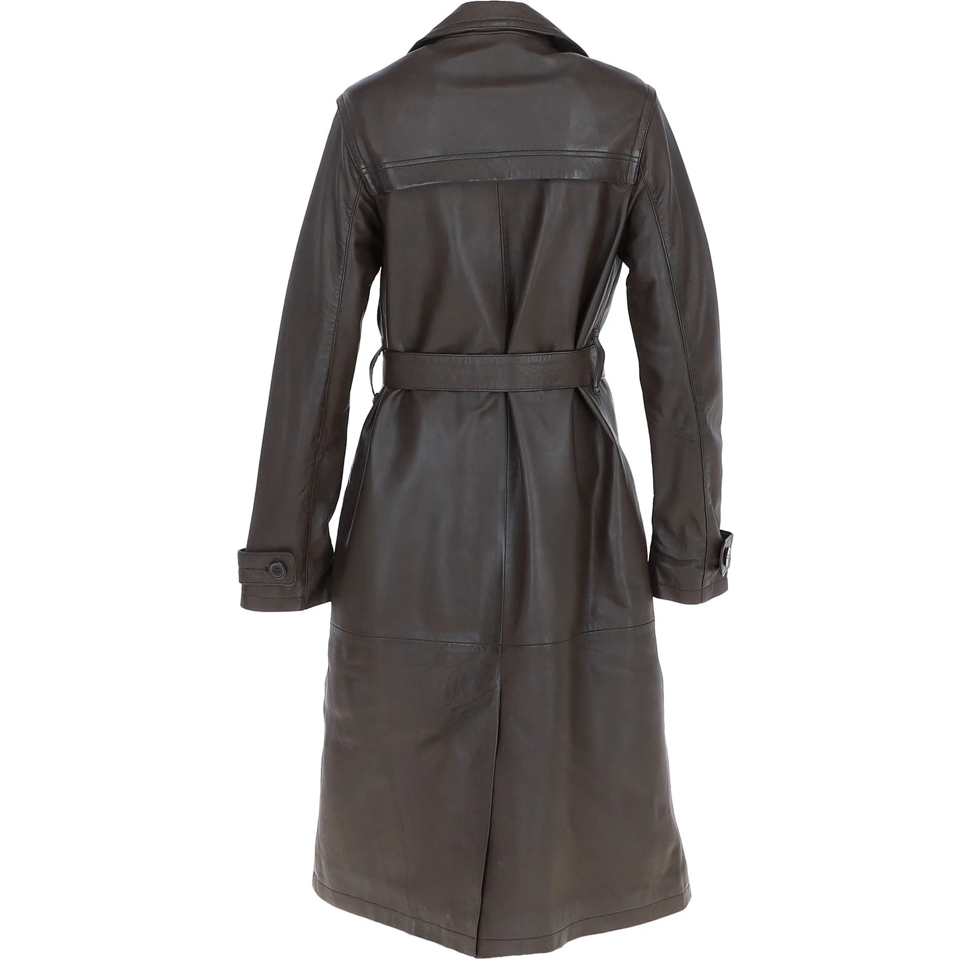 Elegant Longline Women's Leather Trench Coat with Waist Tie Navada